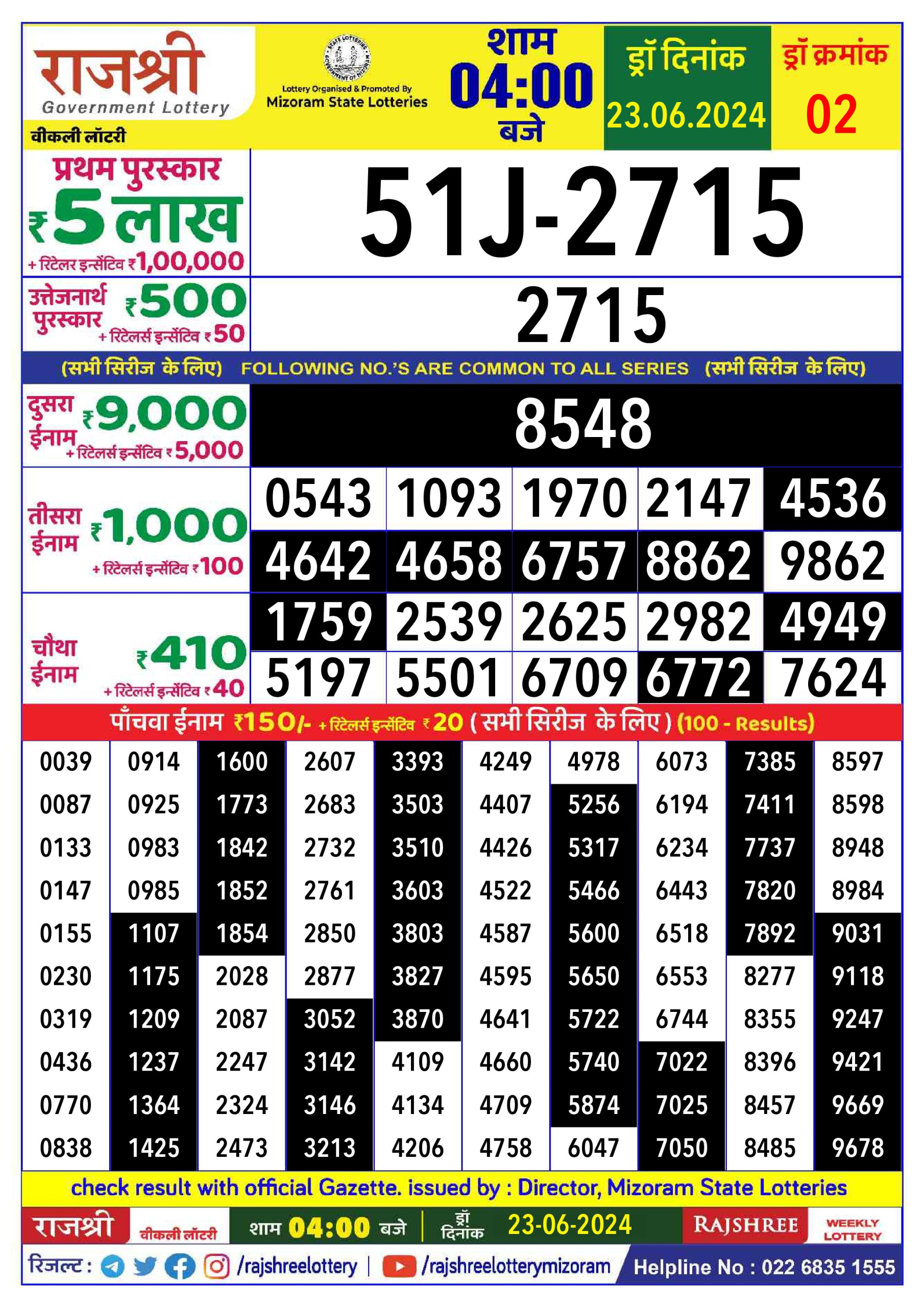 Rajshree Daily Lottery 4PM Result 23june 24