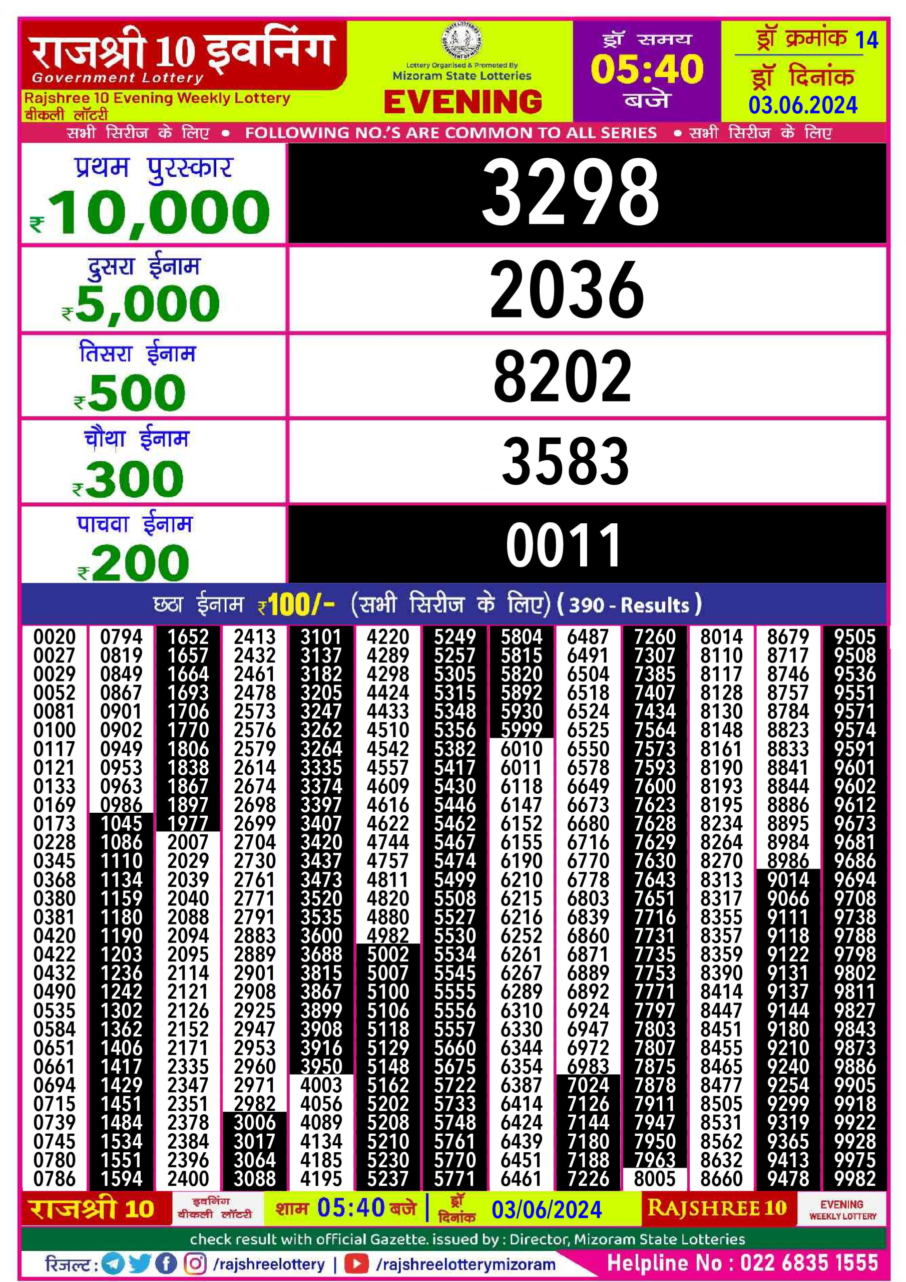 Rajshree10 Daily Lottery 5:40PM Result 3june 24