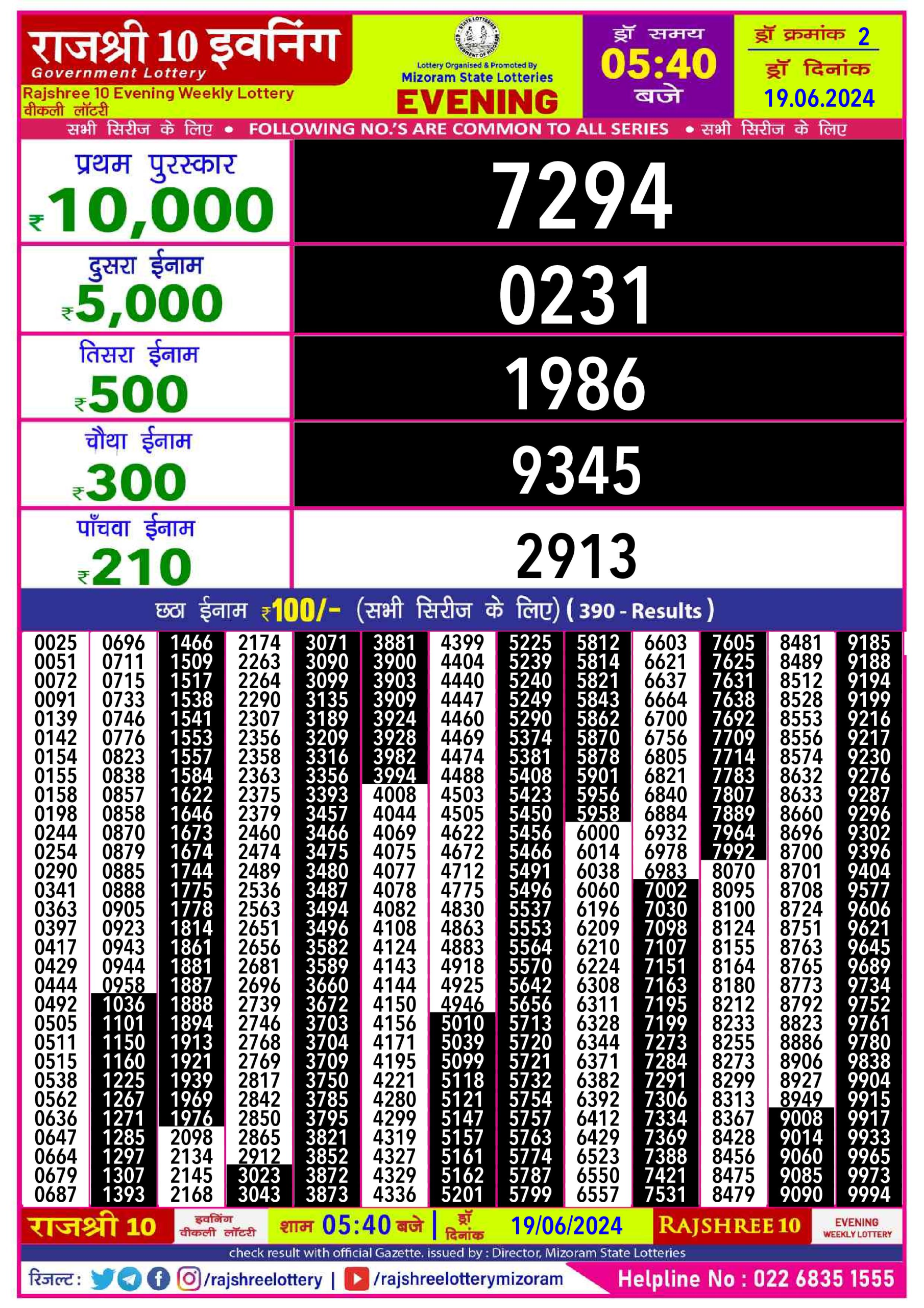 Rajshree10 Daily Lottery 5:40PM Result 19june 24