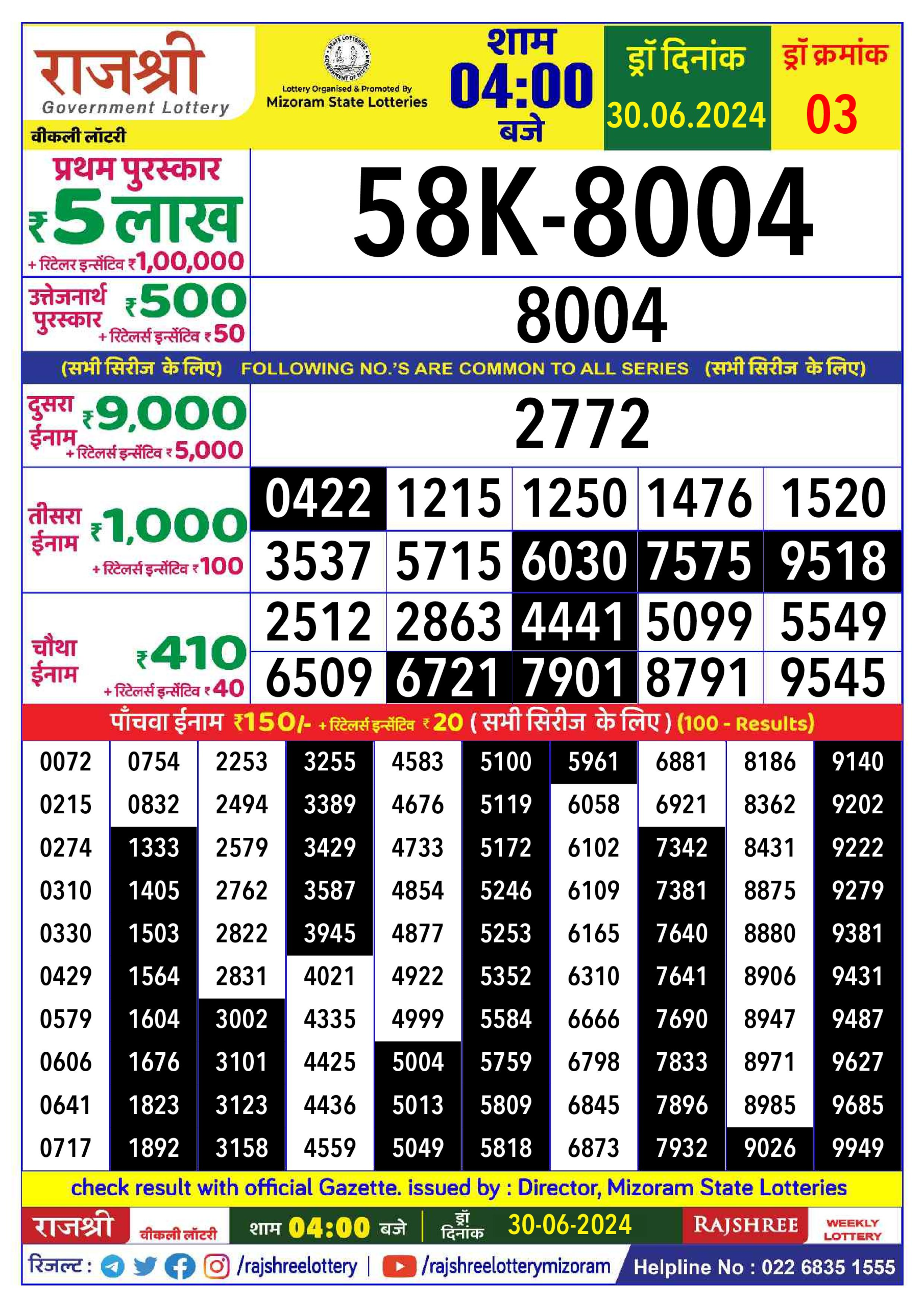 Rajshree  Daily Lottery 4PM Result 30june 24