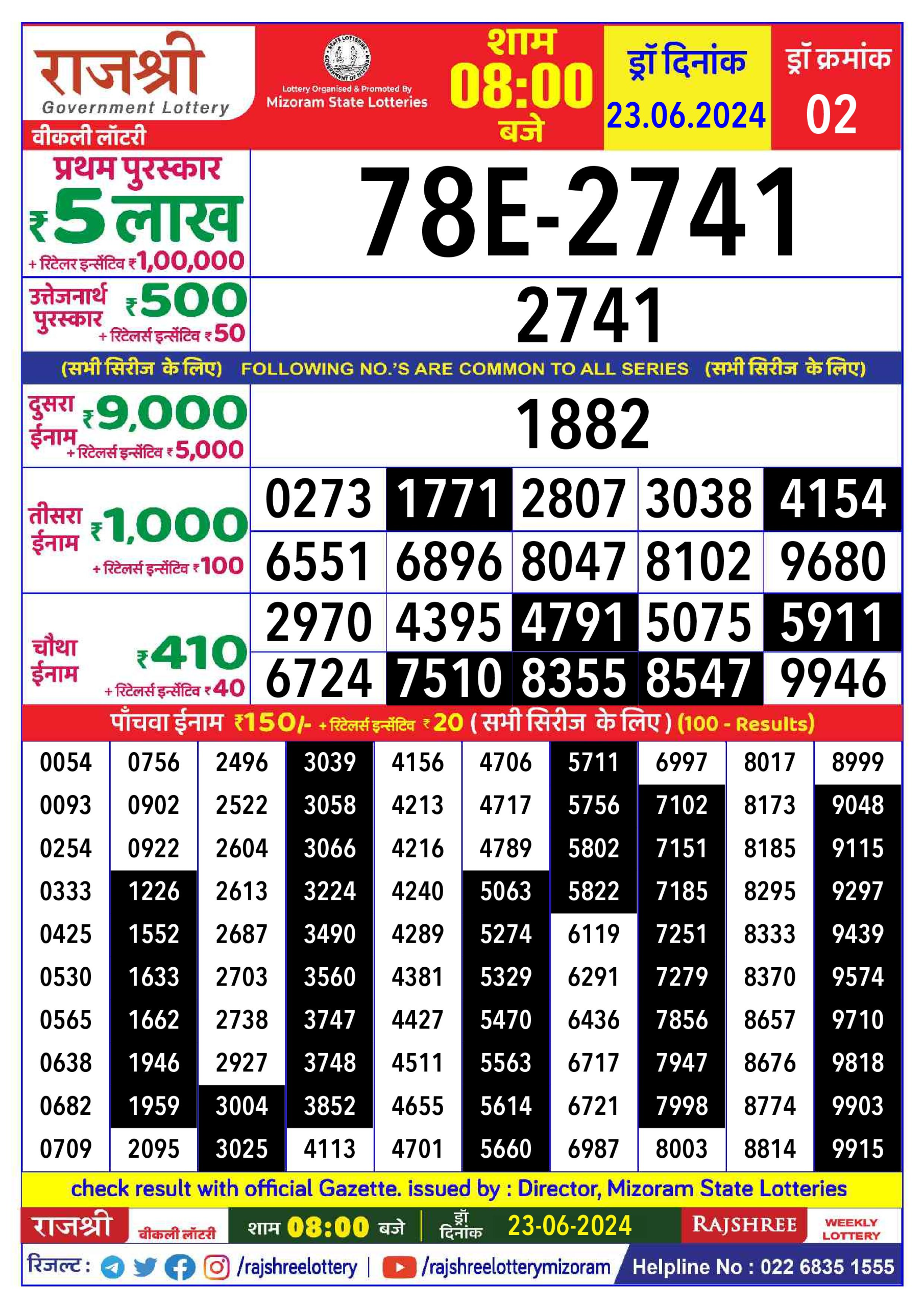 Rajshree 8pm lottery result 23/06/24