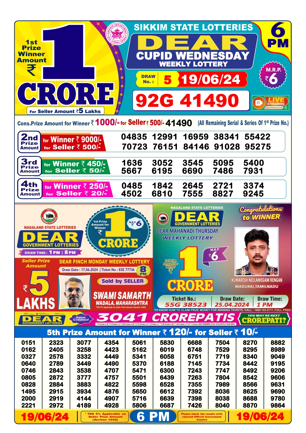 Dear lottery result 6pm result 19june 24