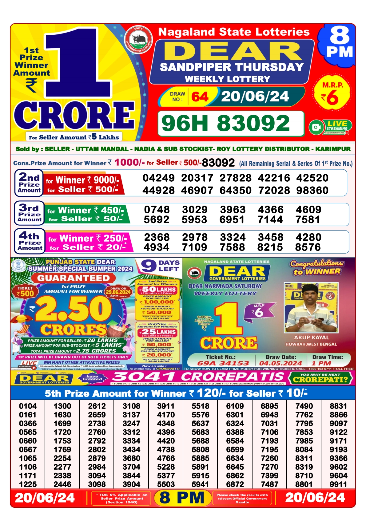 Dear Lottery Result 8PM 20/06/24