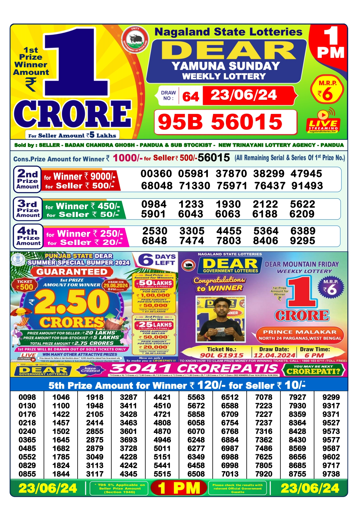 Dear  Lottery 1PM Result 23 june 24