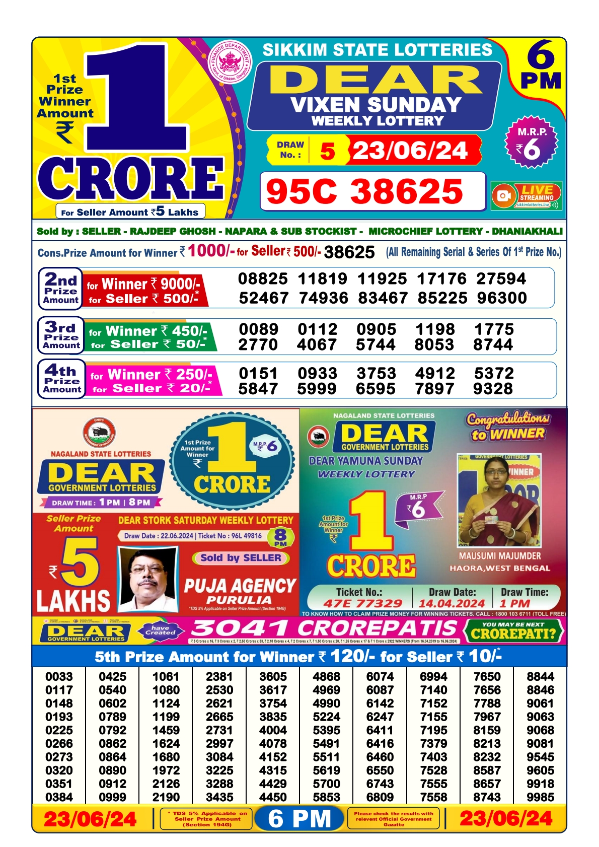 Dear lottery result 6pm result 23june 24