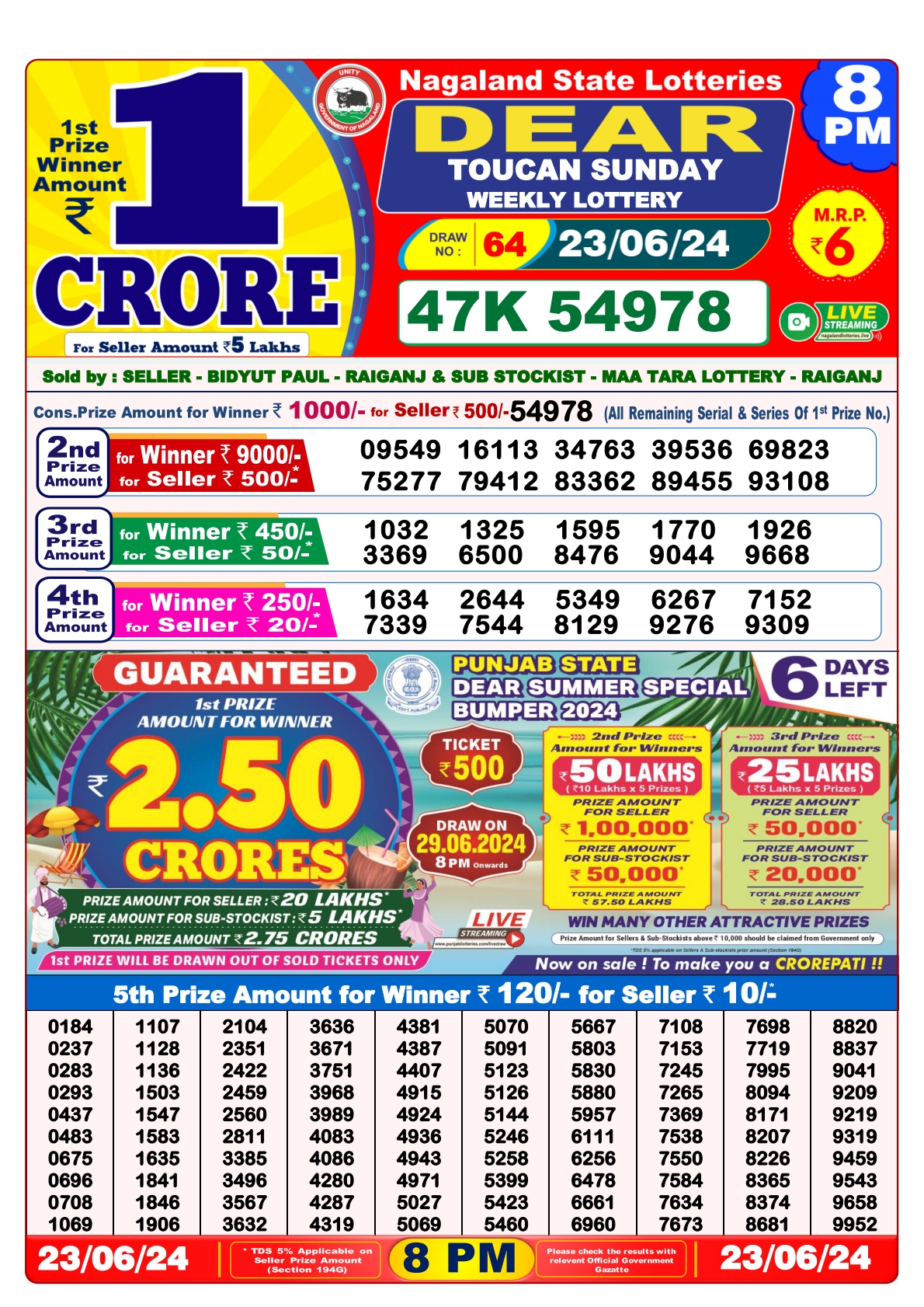 Dear Lottery Result 8PM 23/06/24