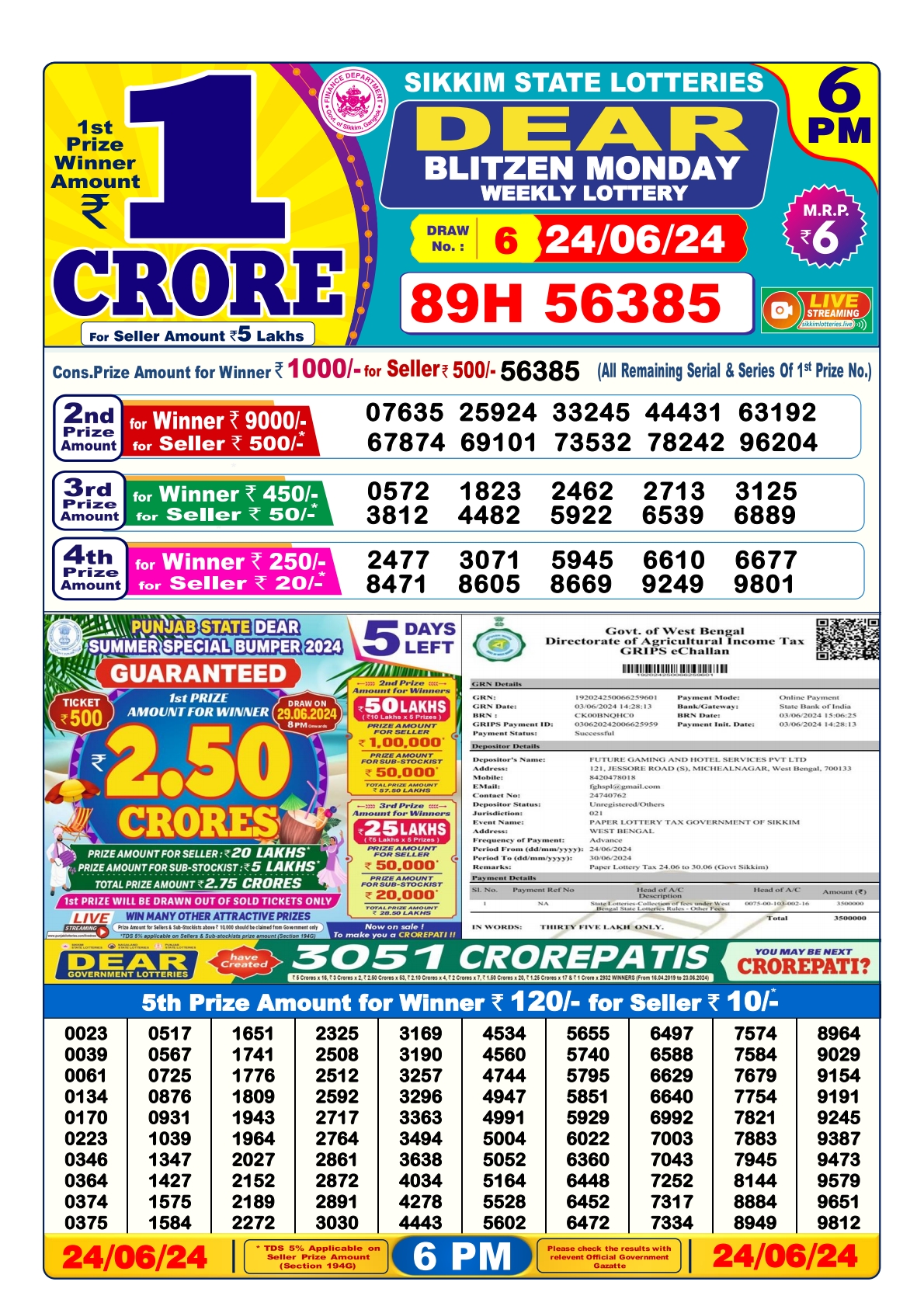 Dear lottery result 6pm result 24june 24