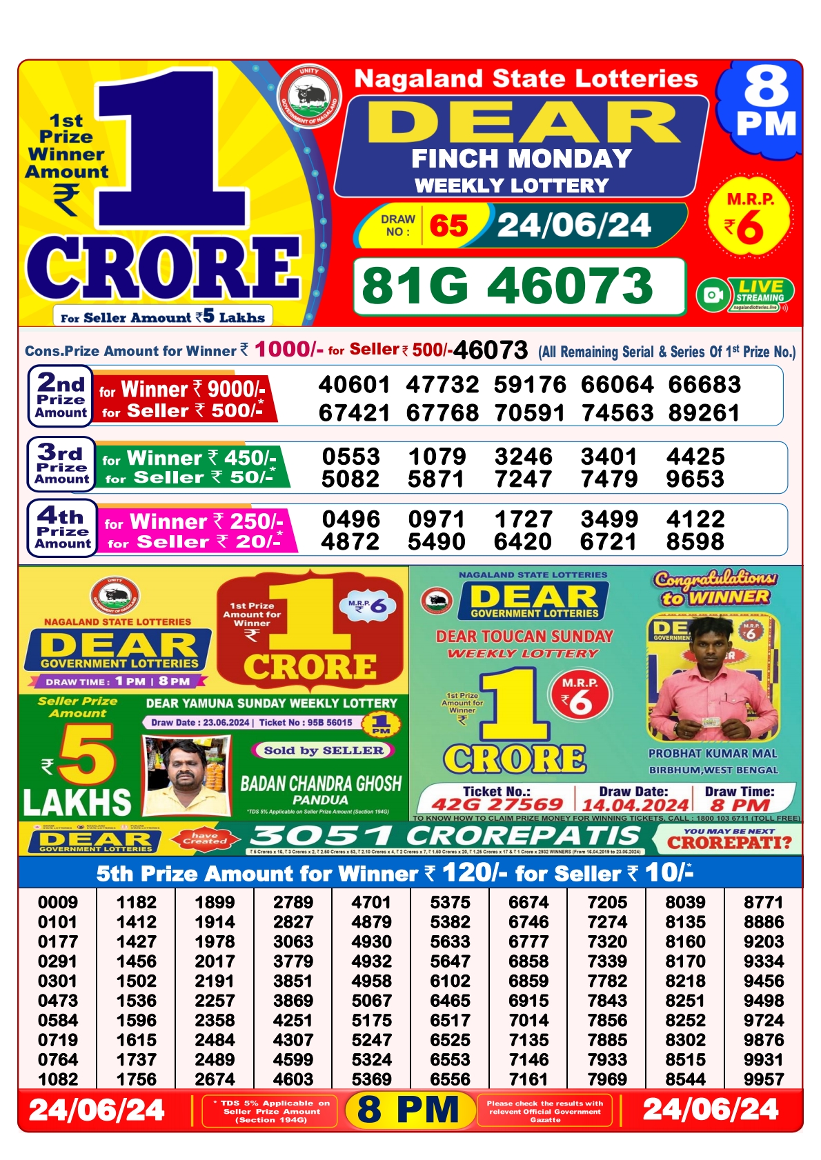 Dear Lottery Result 8PM 24/06/24