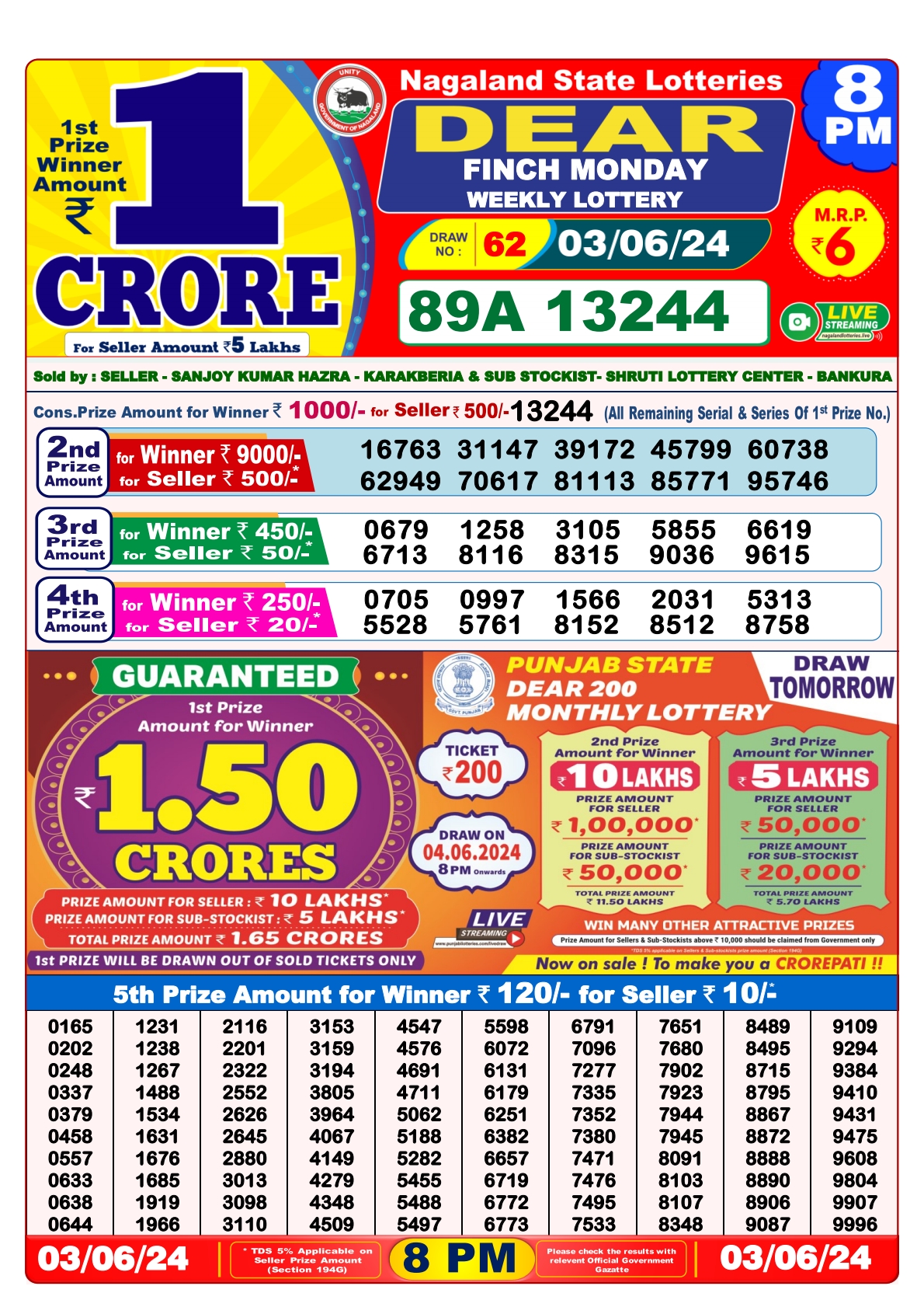 Dear lottery result 8pm result 3 june  24