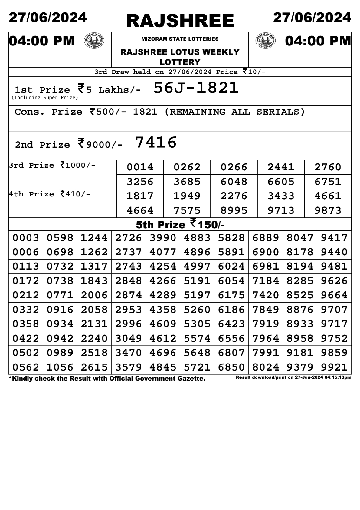 Rajshree Daily Lottery 4PM Result 27june 24