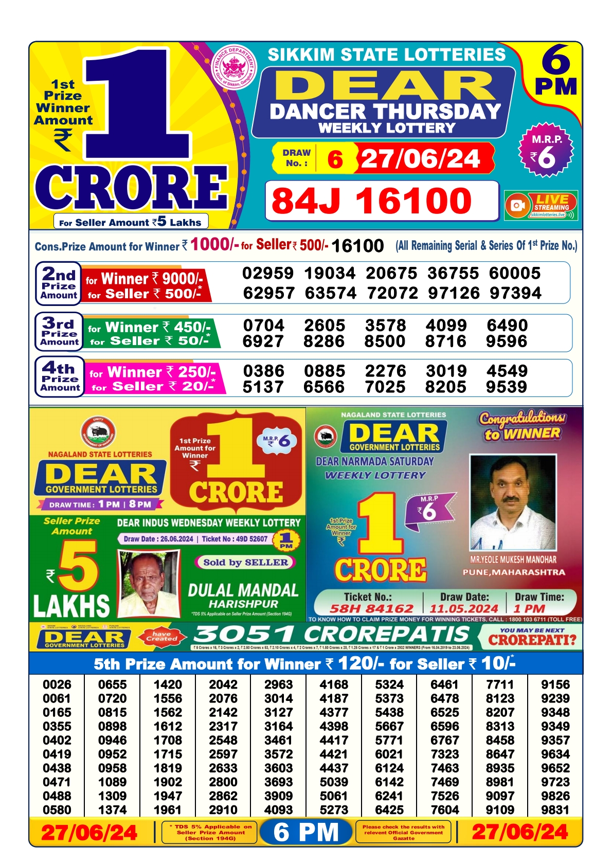 Dear lottery result 6pm result 27june 24