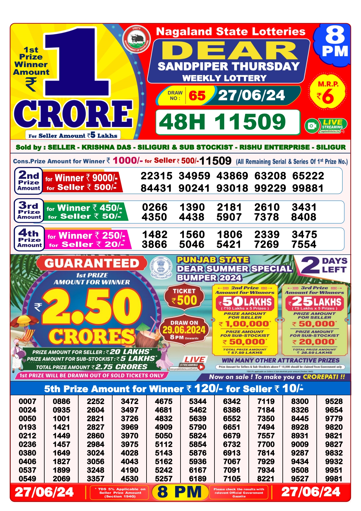 Dear Lottery Result 8PM 27/06/24