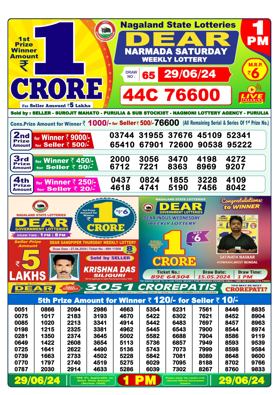 Dear  Lottery 1PM Result 29june 24