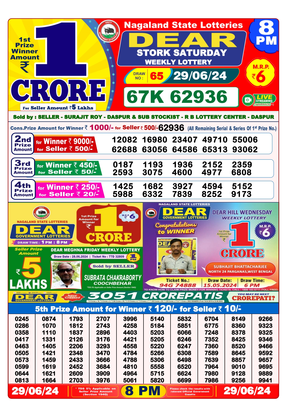 Dear  Lottery 8PM Result 29june 24