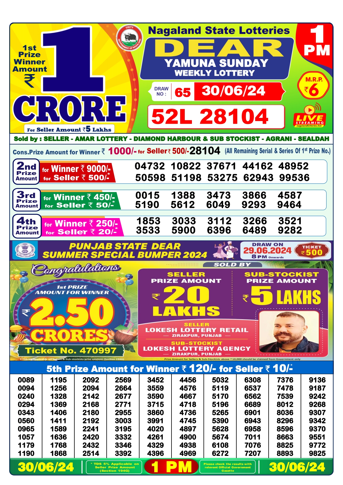 Dear  Lottery 1PM Result 30june 24