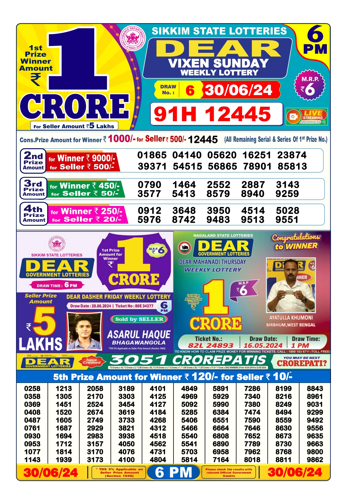 Dear lottery result 6pm result 30june 24