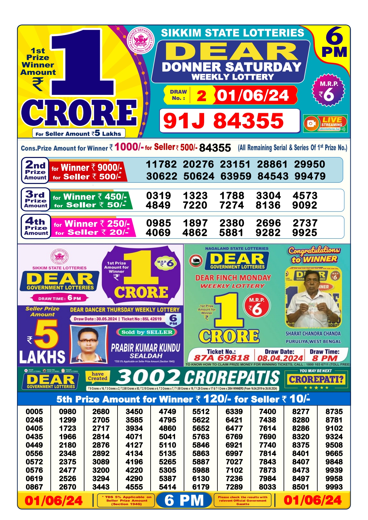 Dear lottery result 6pm result 1 june 24