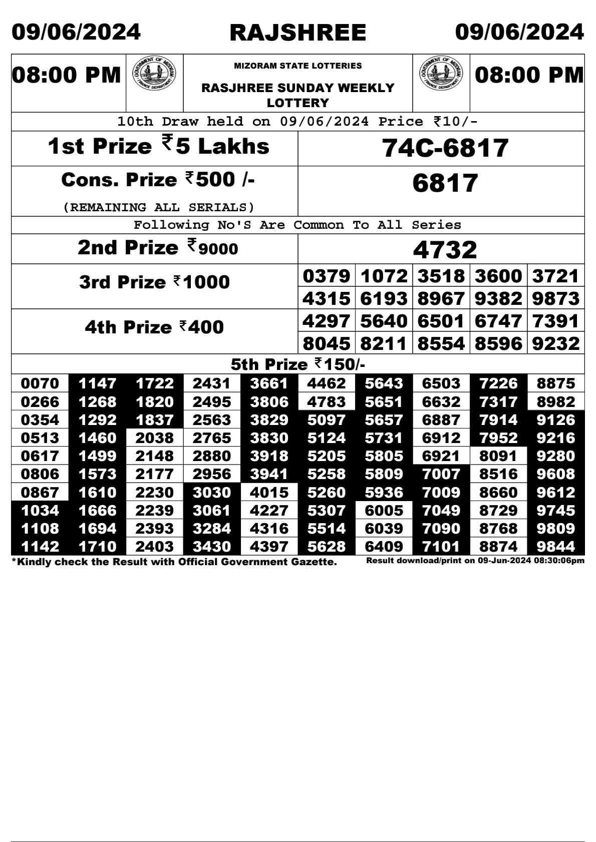 Rajshree 8pm lottery result 9/06/24