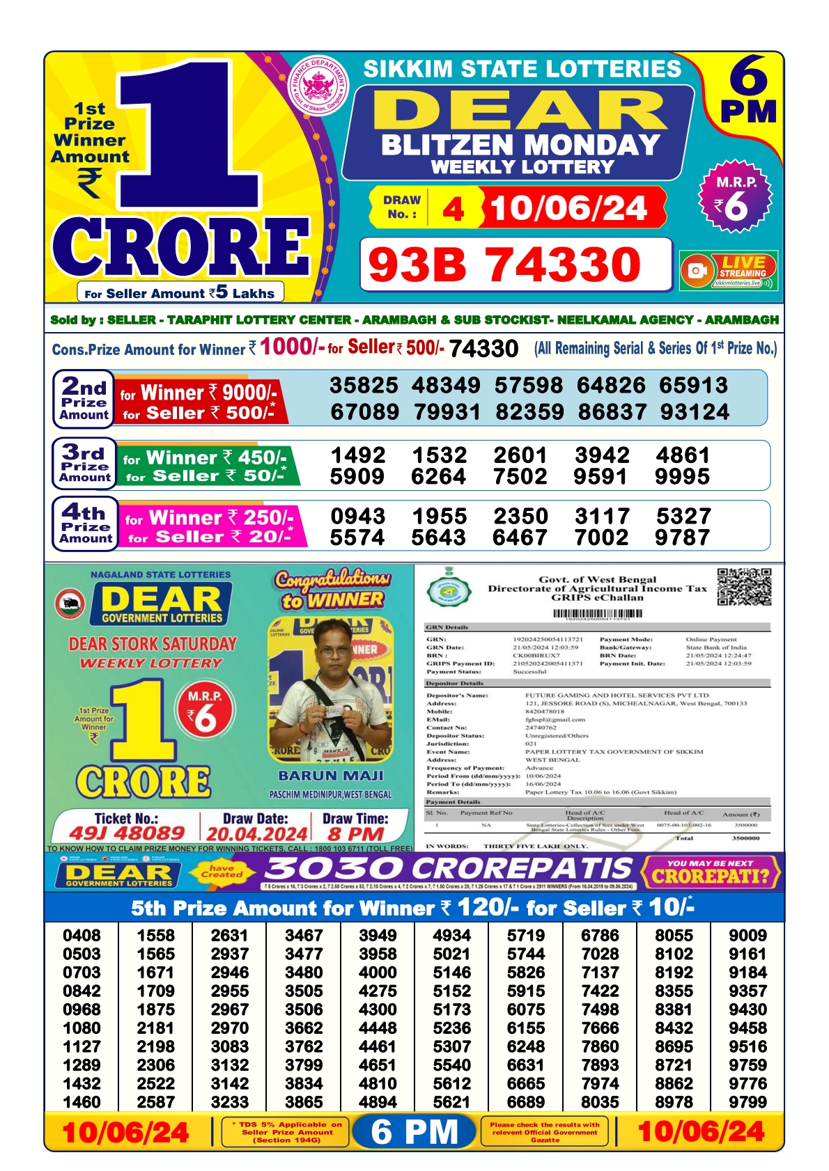 Dear lottery result 6pm result 10 june 24