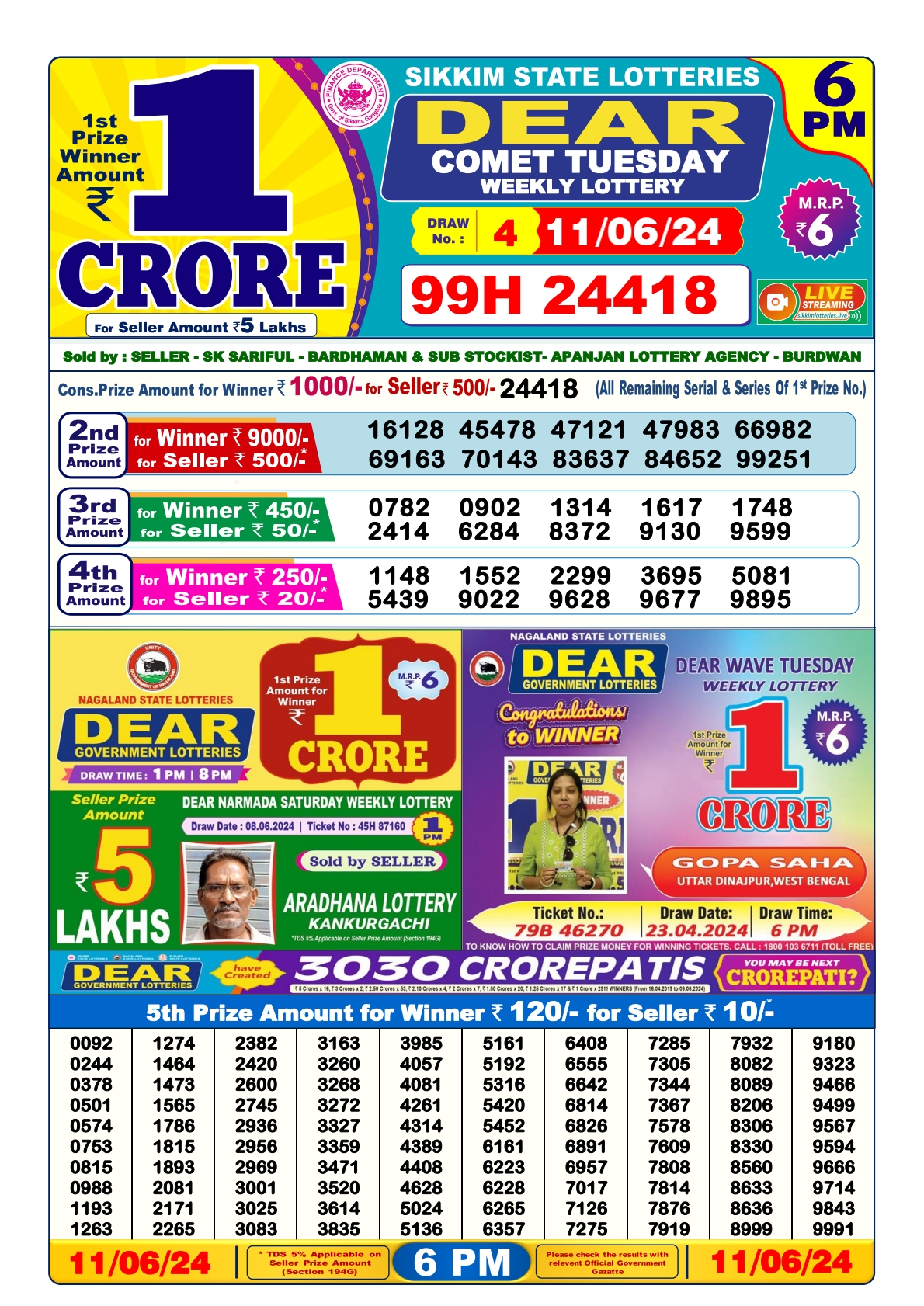 Dear lottery result 6pm result 11 june 24