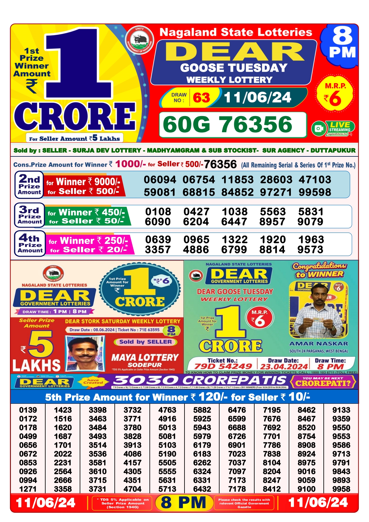 Dear lottery result 8pm result 11 june  24