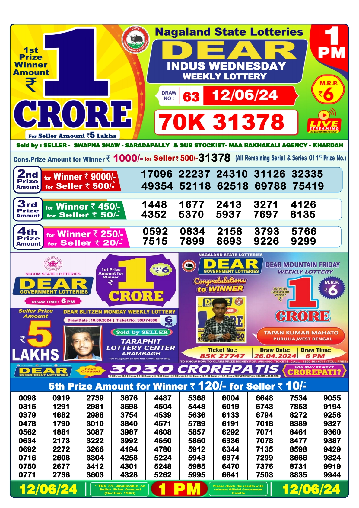 Dear  Lottery 1PM Result 12 june 24