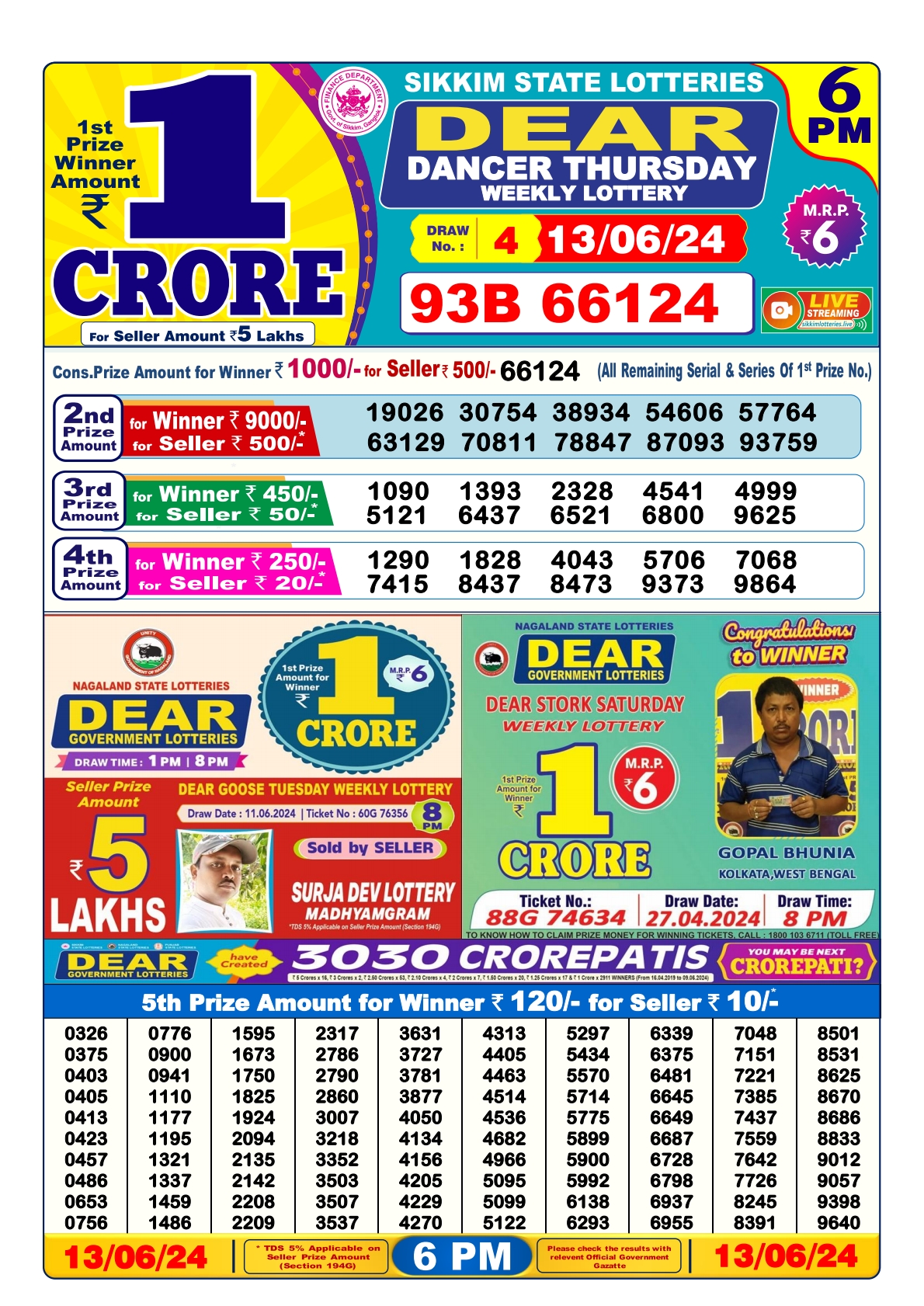 Dear lottery result 6pm result 13 june 24