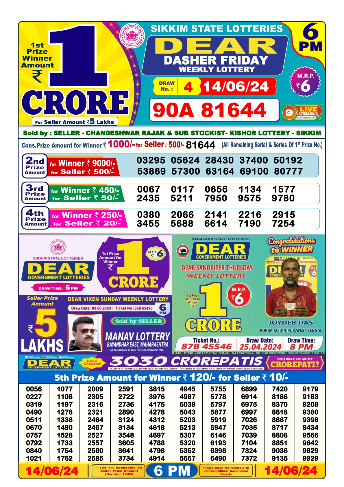 Dear lottery result 6pm result 14 june 24