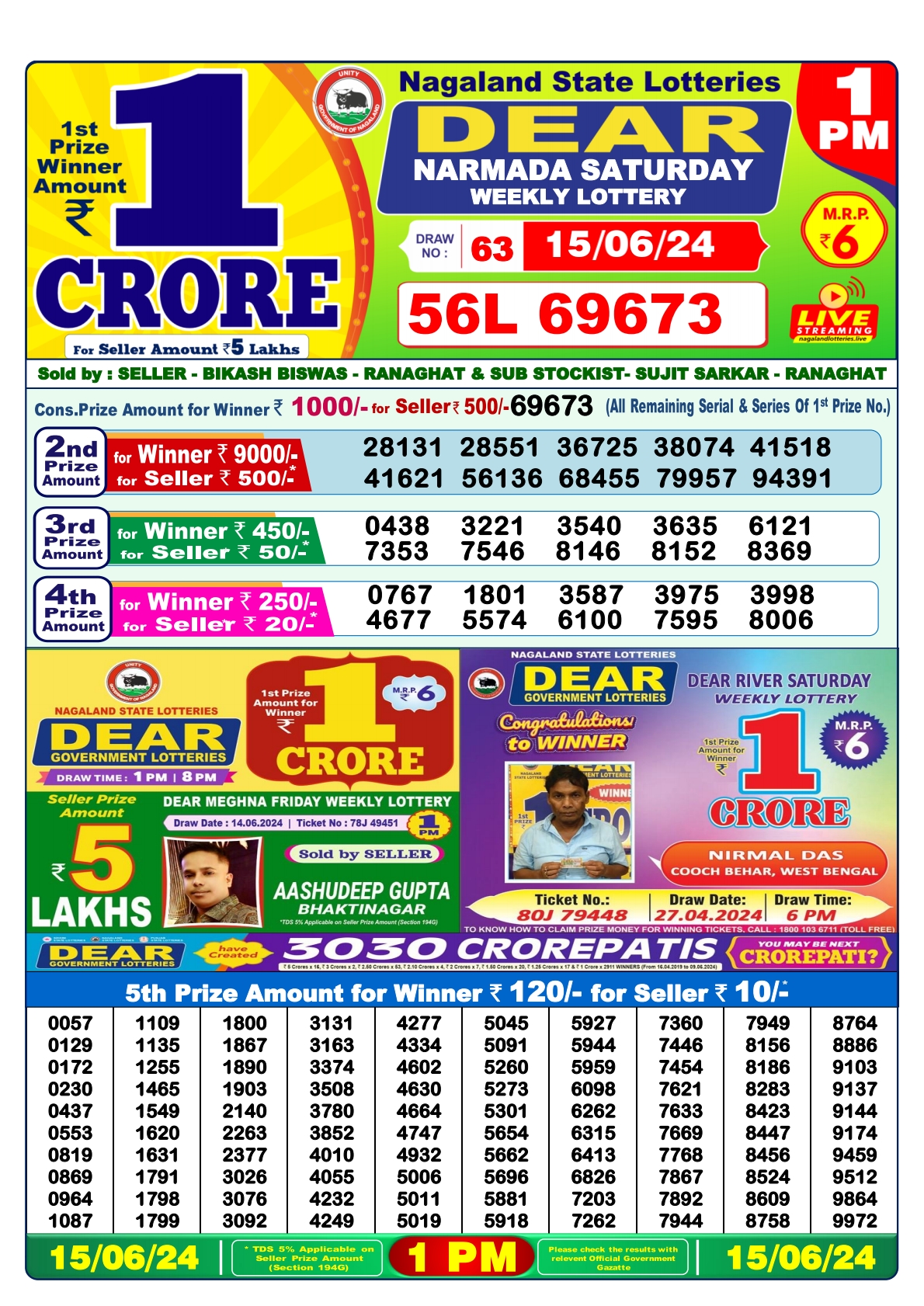 Dear  Lottery 1PM Result 15 june 24