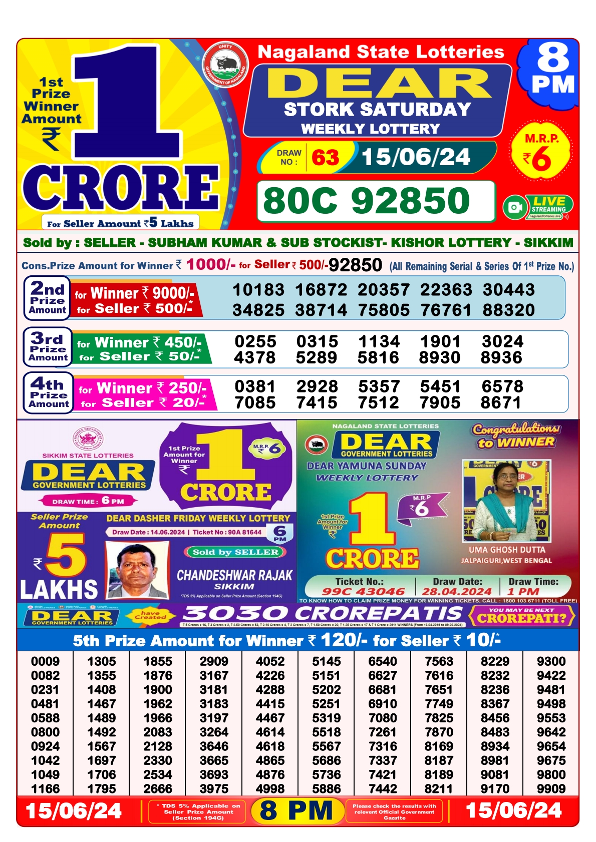 Dear Lottery Result 8PM 15/06/24