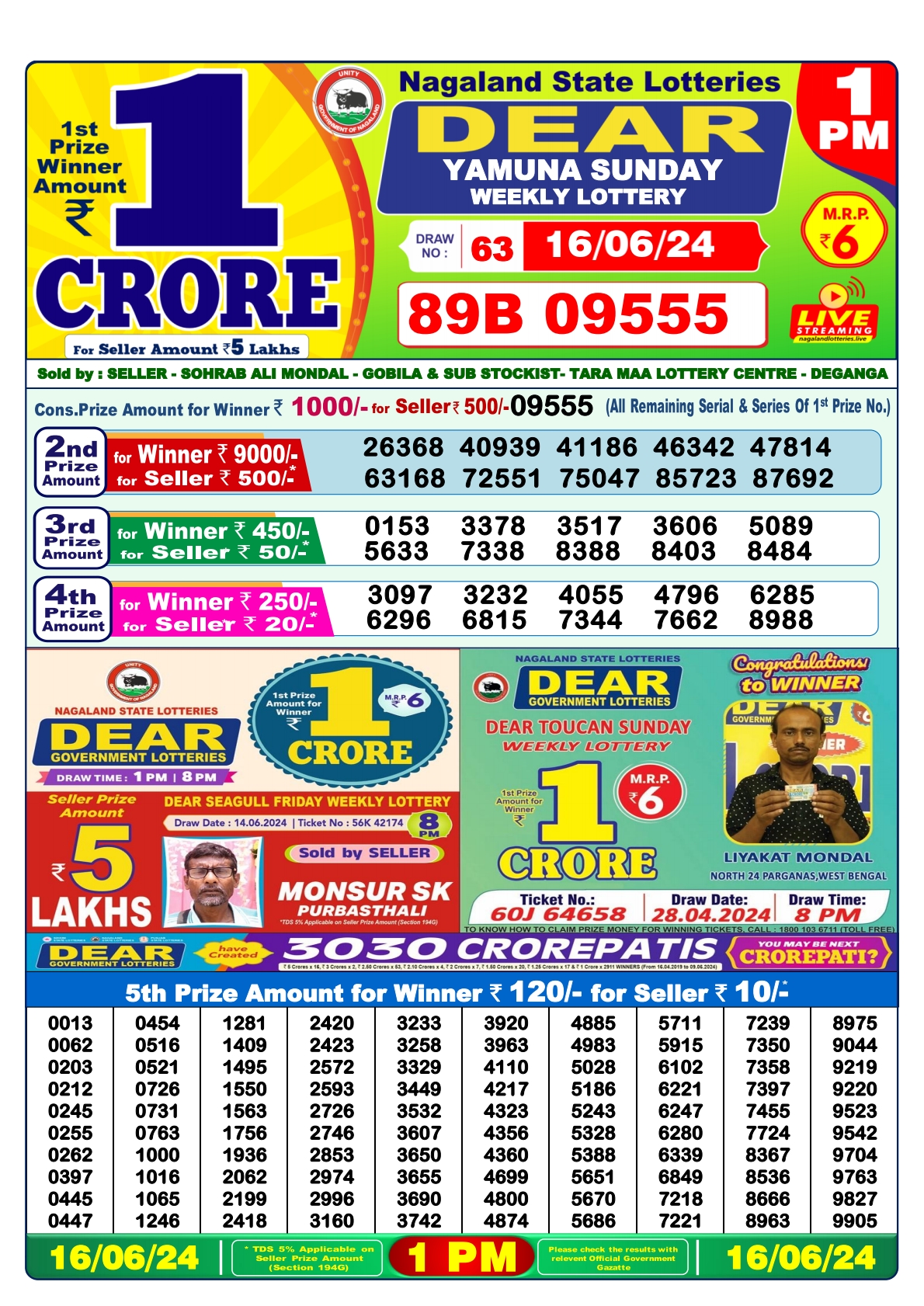 Dear  Lottery 1PM Result 16 june 24