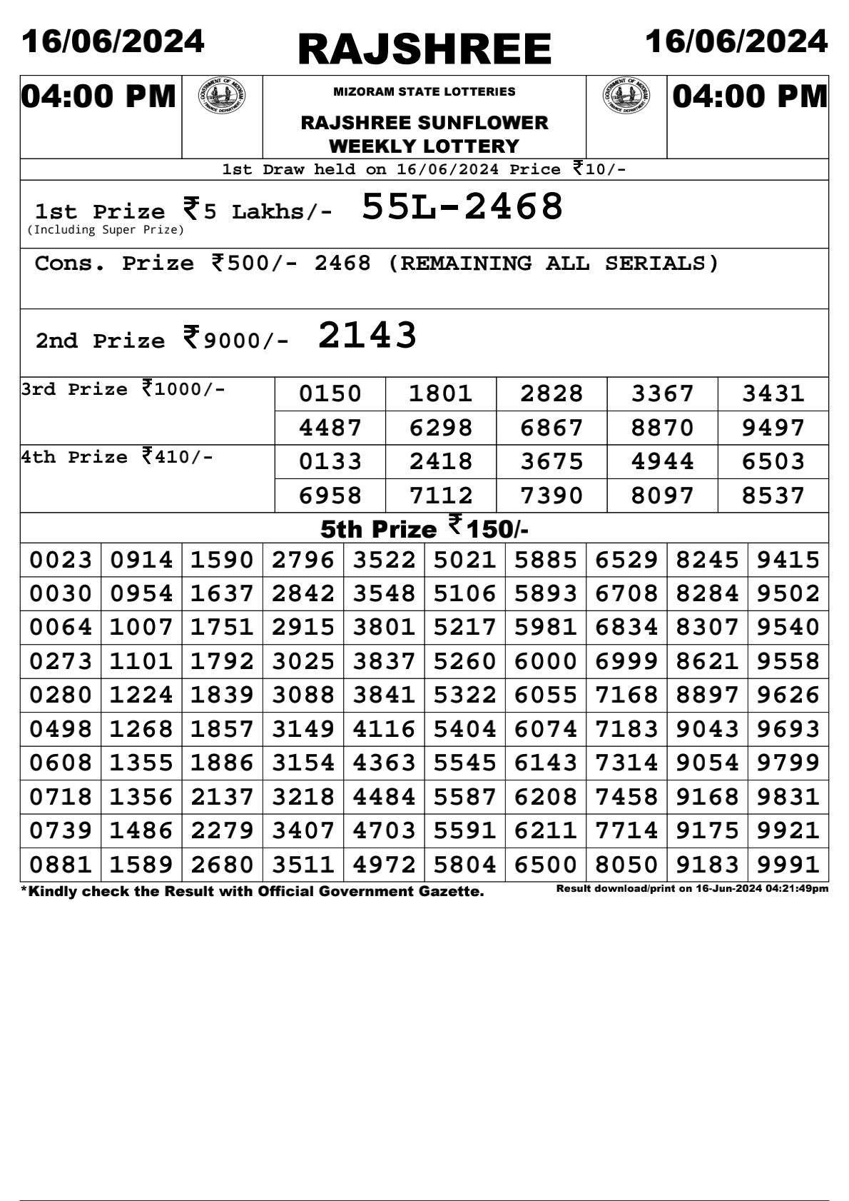 Rajshree Daily Lottery 4PM Result 16june 24