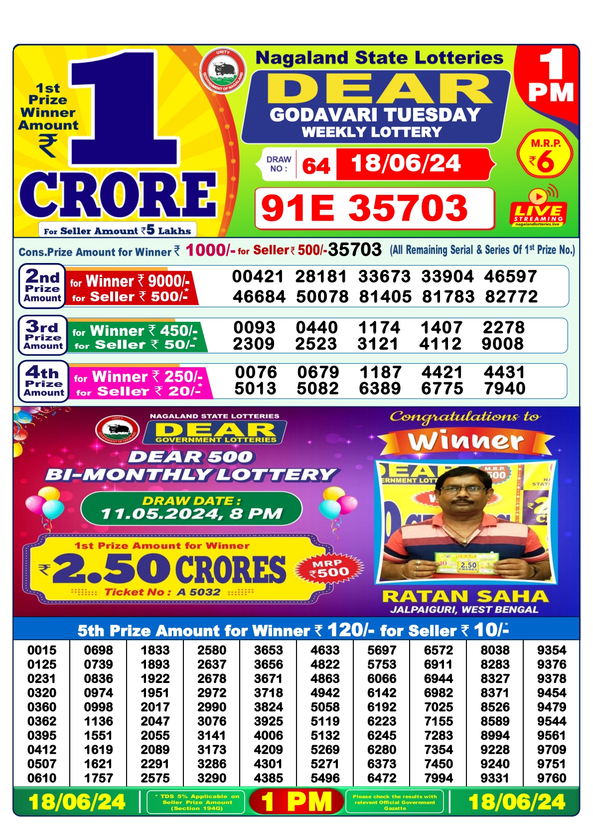 Dear  Lottery 1PM Result 18 june 24