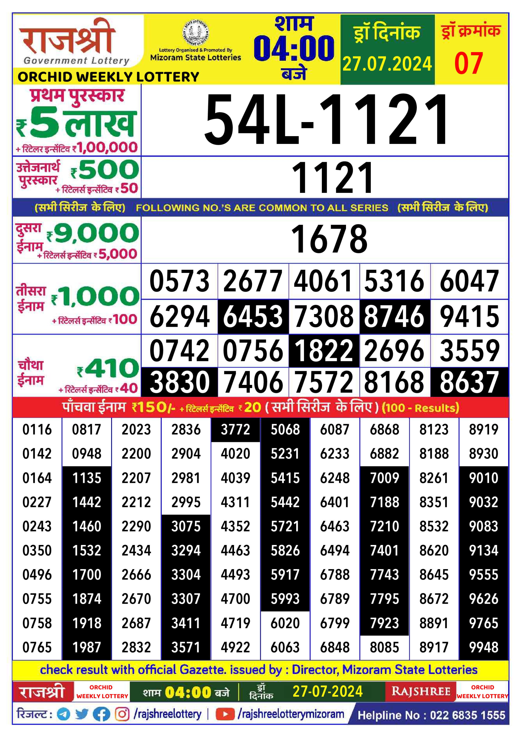 Rajshree  Daily Lottery 4PM Result 27july 24