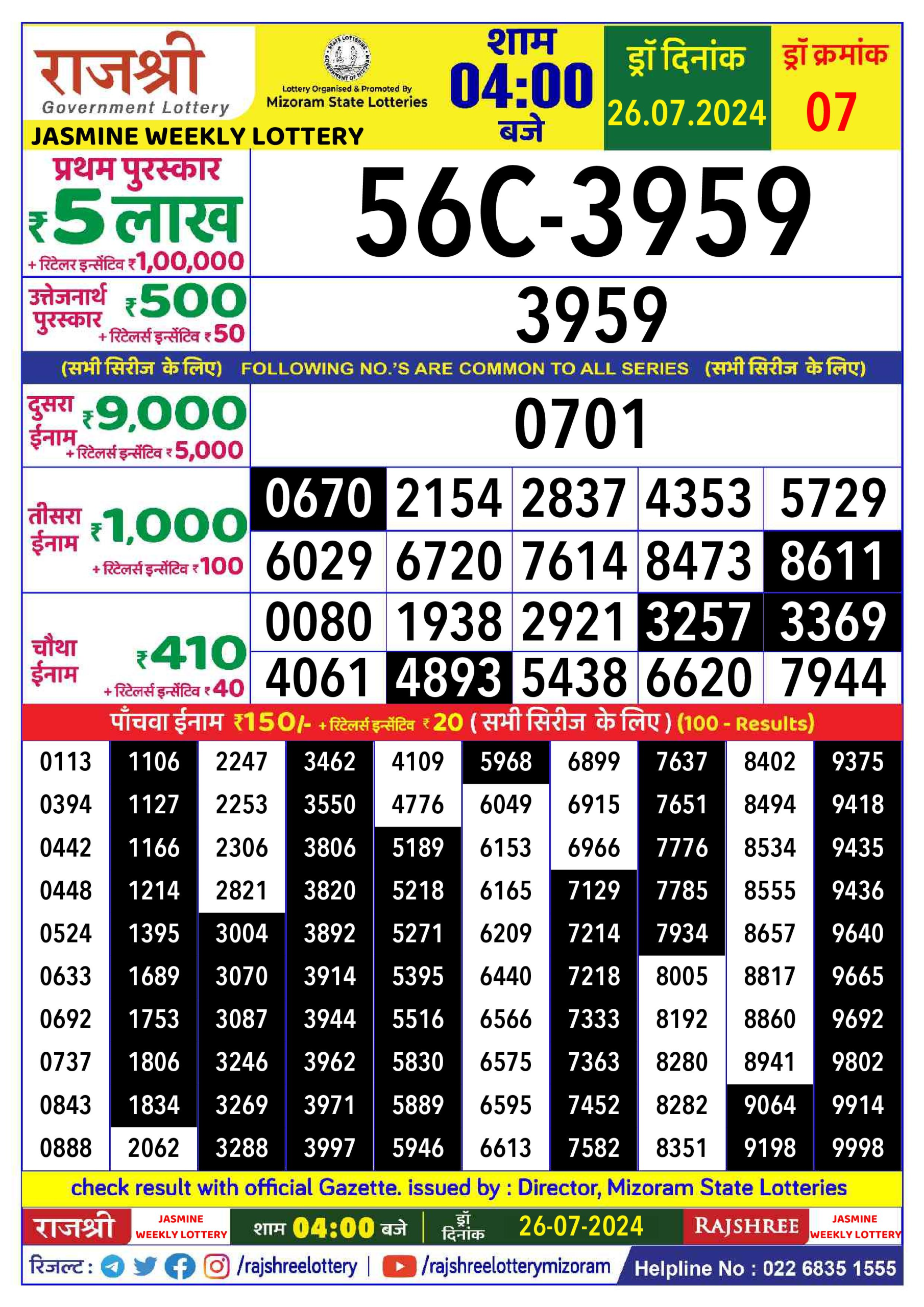 Rajshree  Daily Lottery 4PM Result 26july 24