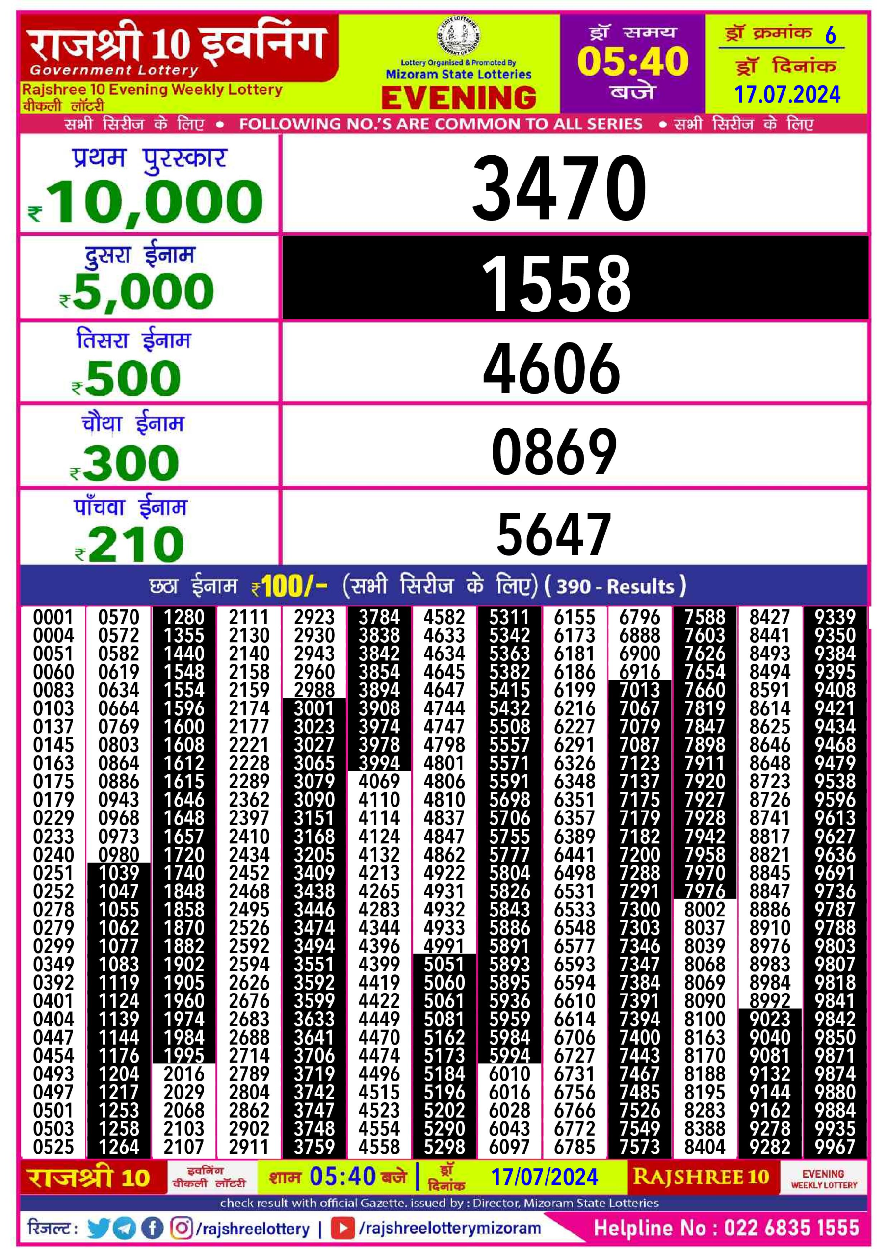 Rajshree10 Daily Lottery 5:40PM Result 17july 24