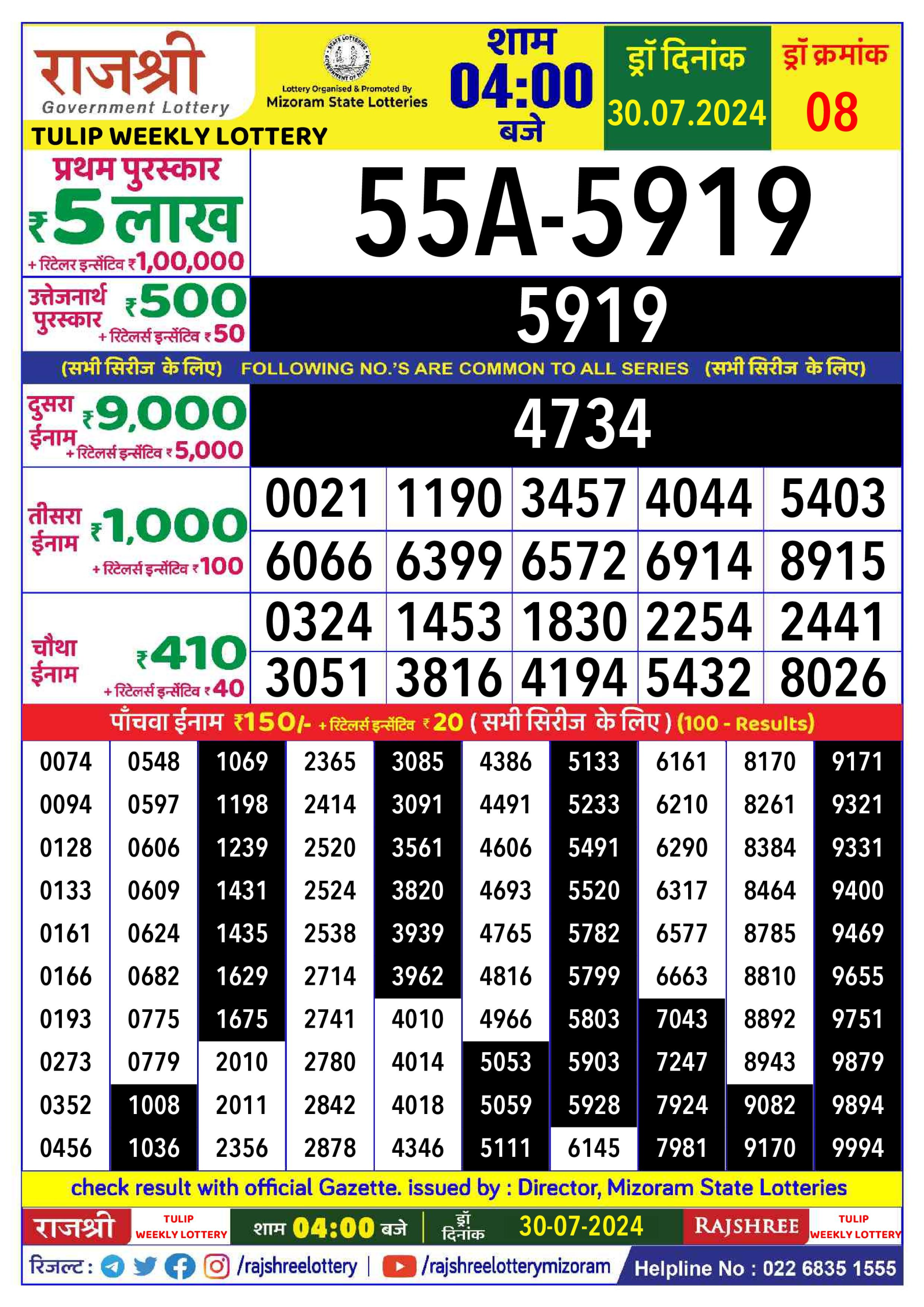 Rajshree  Daily Lottery 4PM Result 30july 24