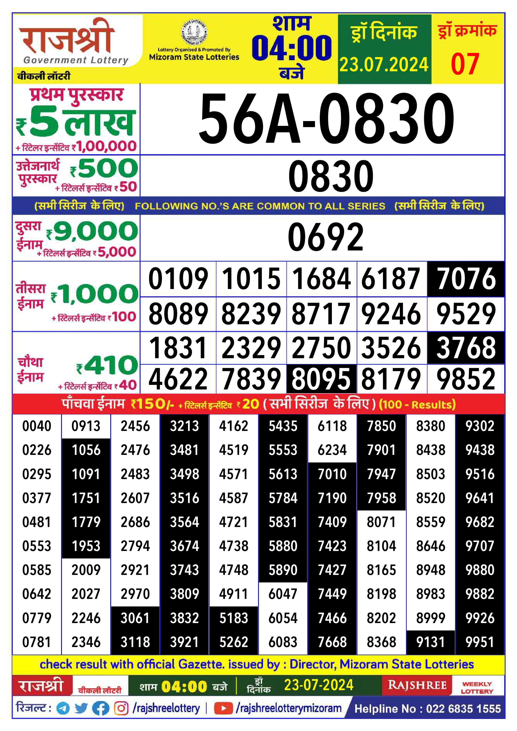 Rajshree  Daily Lottery 4PM Result 23july 24