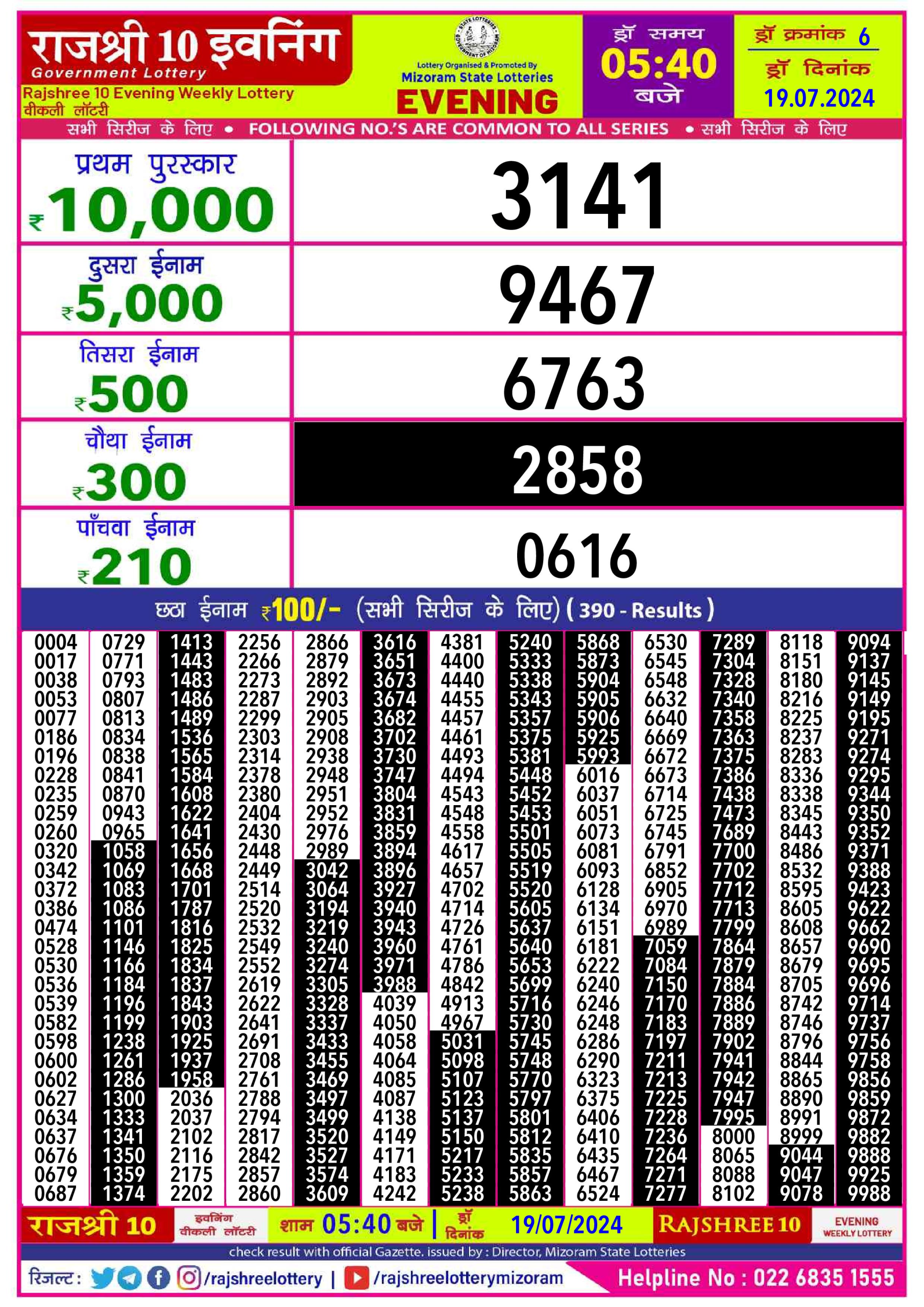 Rajshree10 Daily Lottery 5:40PM Result 19july 24