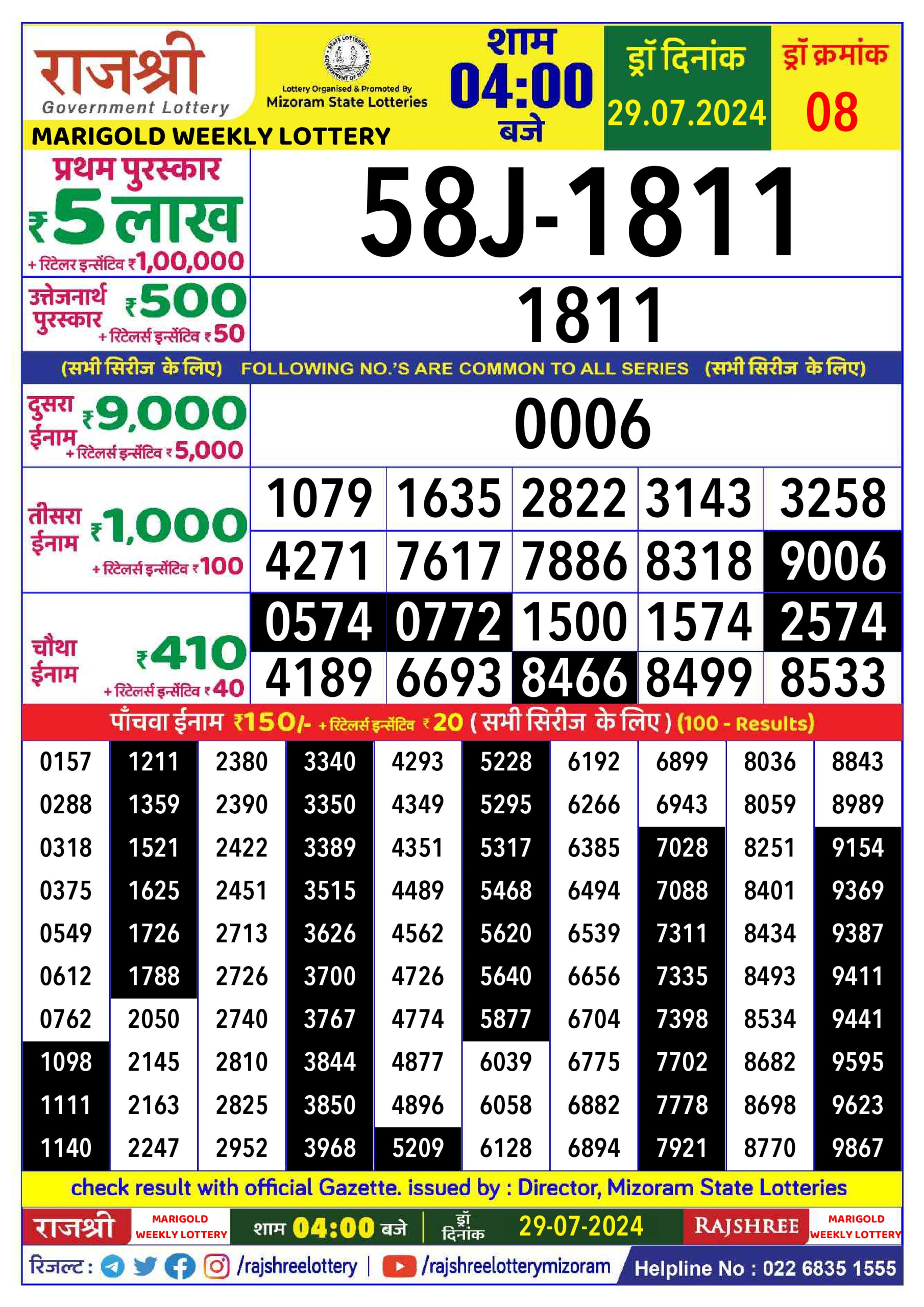 Rajshree  Daily Lottery 4PM Result 29july 24