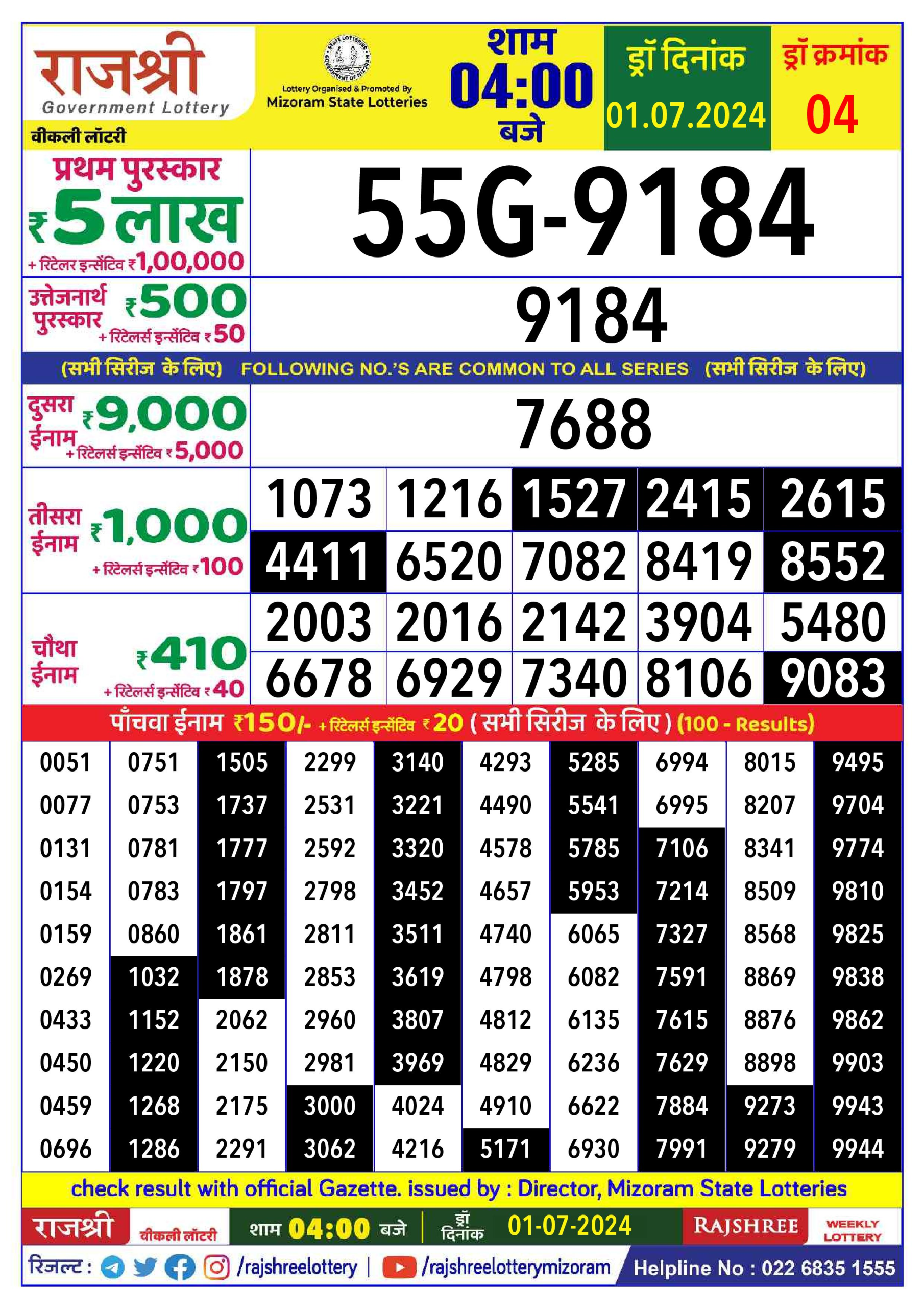 Rajshree  Daily Lottery 4PM Result 1 july 24