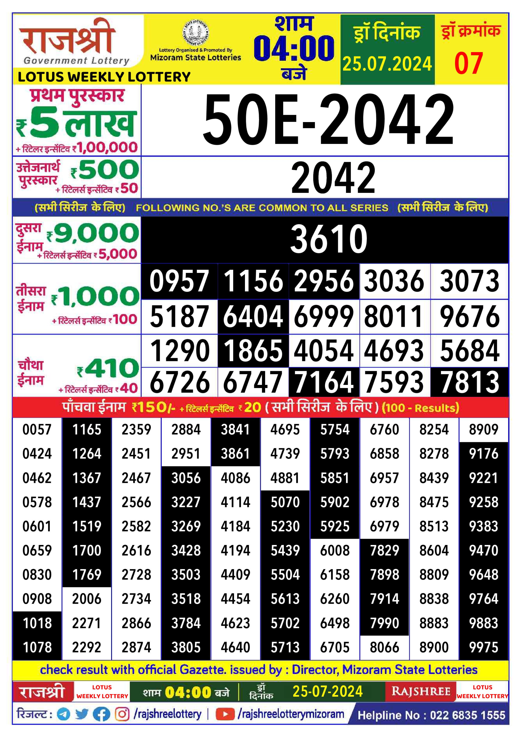 Rajshree  Daily Lottery 4PM Result 25july 24