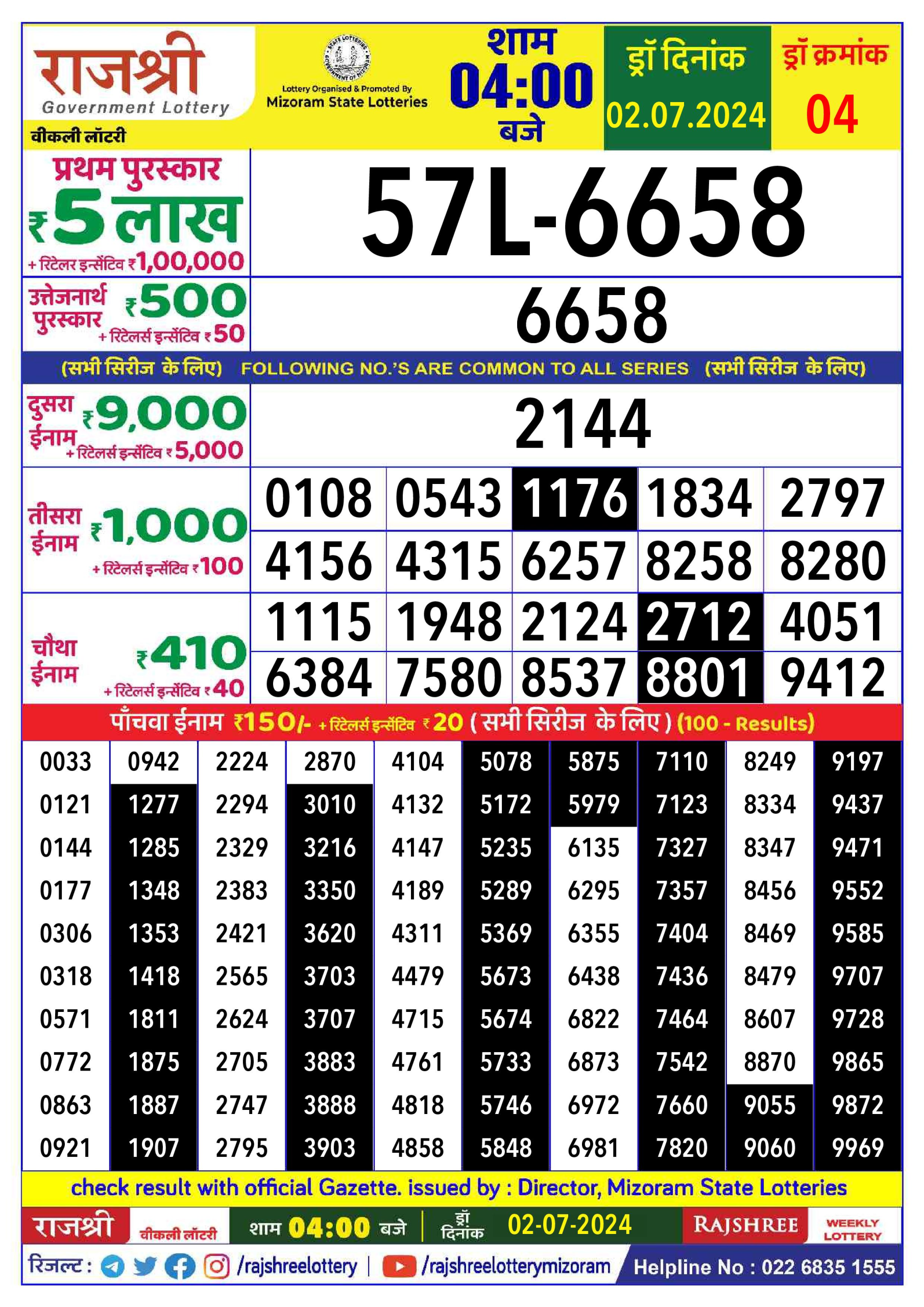 Rajshree  Daily Lottery 4PM Result 2 july 24