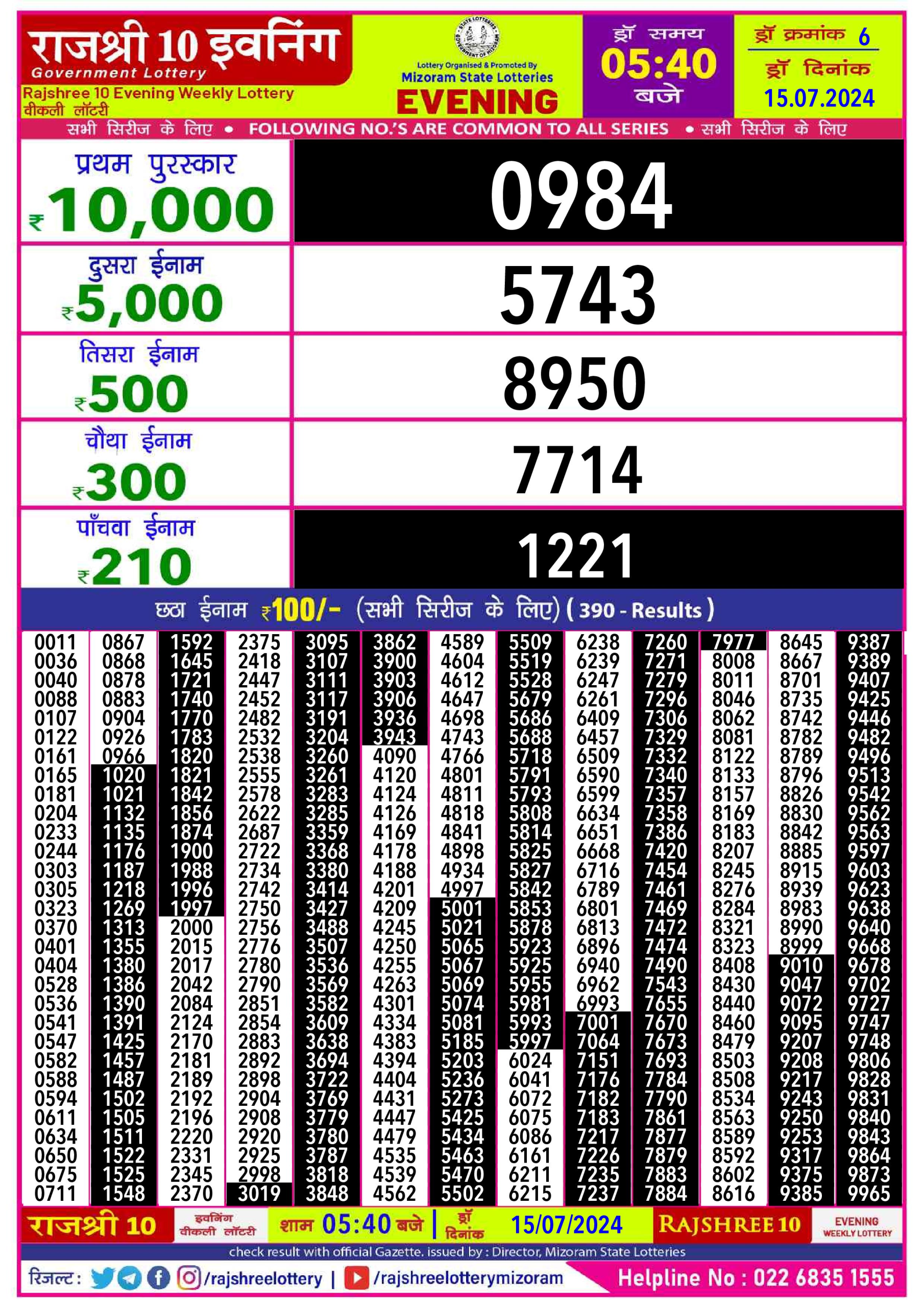 Rajshree10 Daily Lottery 5:40PM Result 15july 24