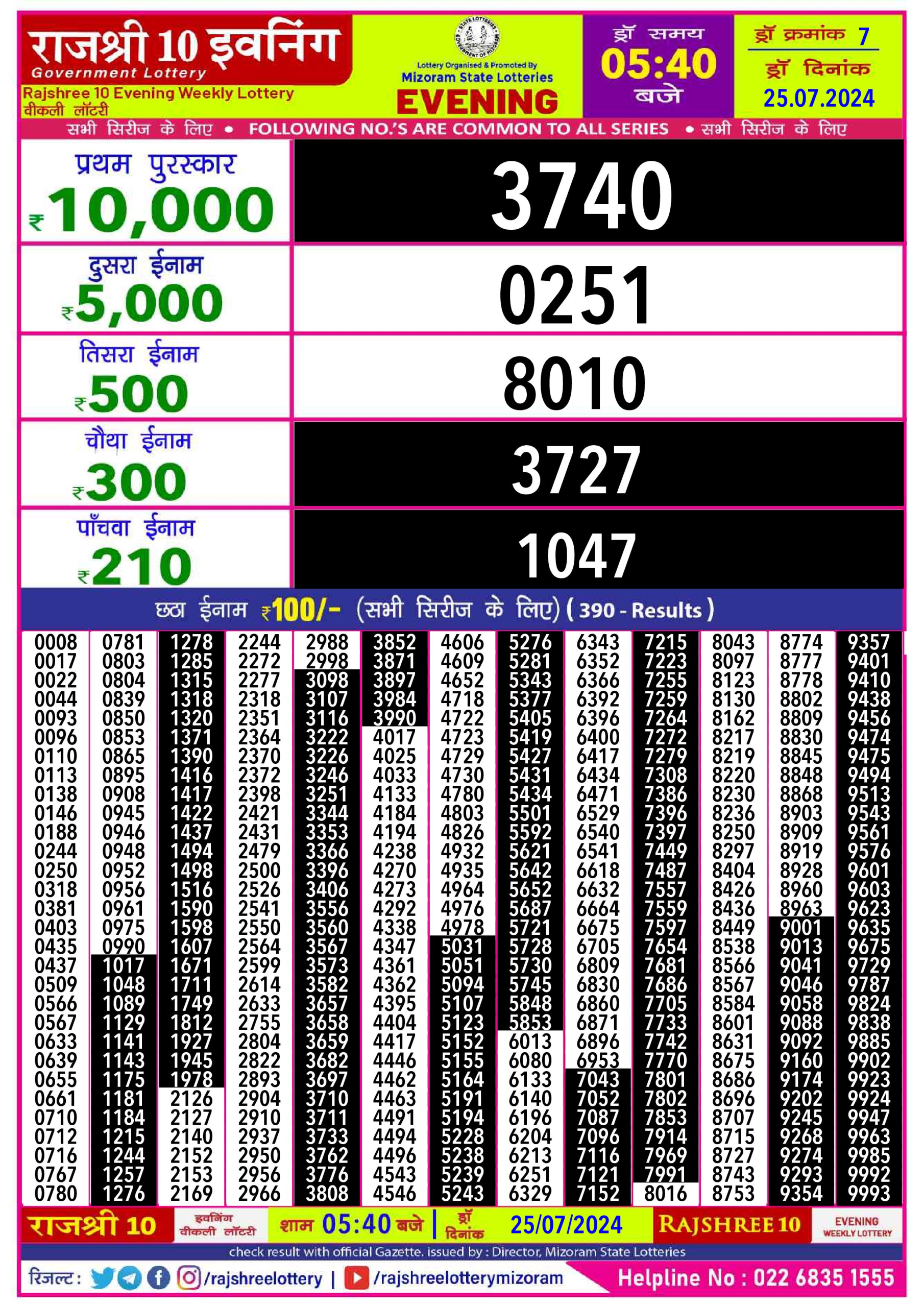 Rajshree10 Daily Lottery 5:40PM Result 25july 24