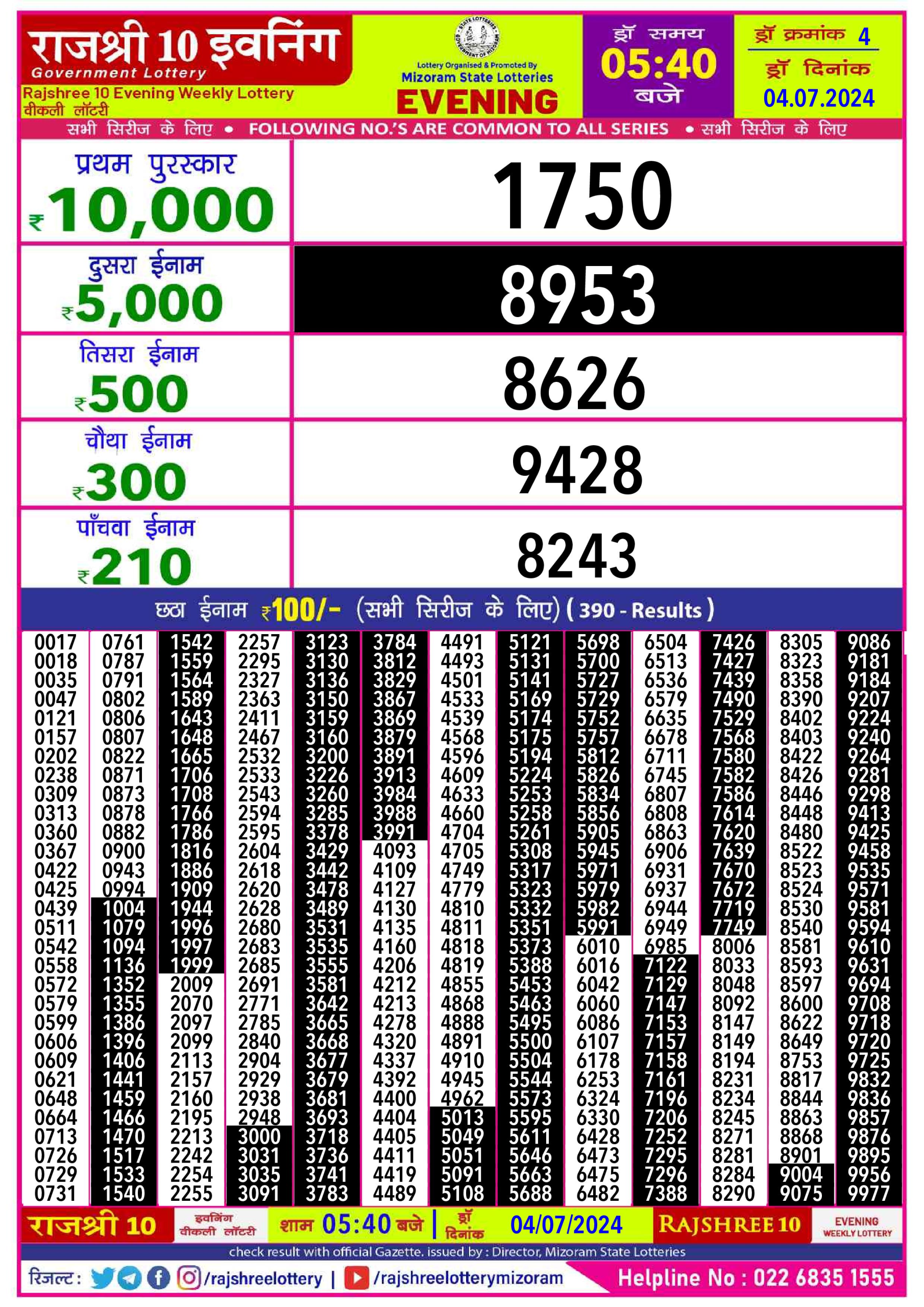 Rajshree10 Daily Lottery 5:40PM Result 4 july 24