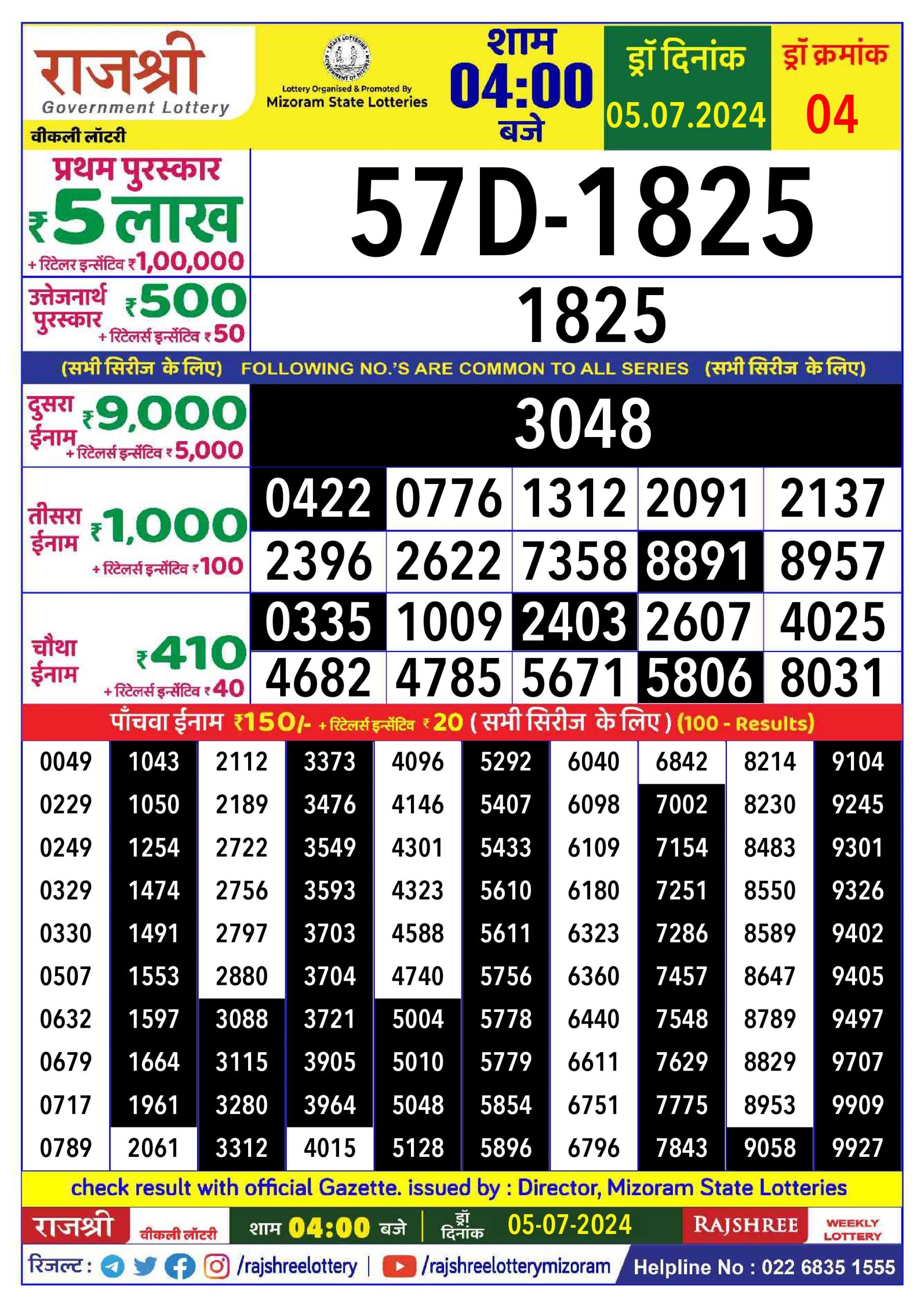 Rajshree  Daily Lottery 4PM Result 5 july 24