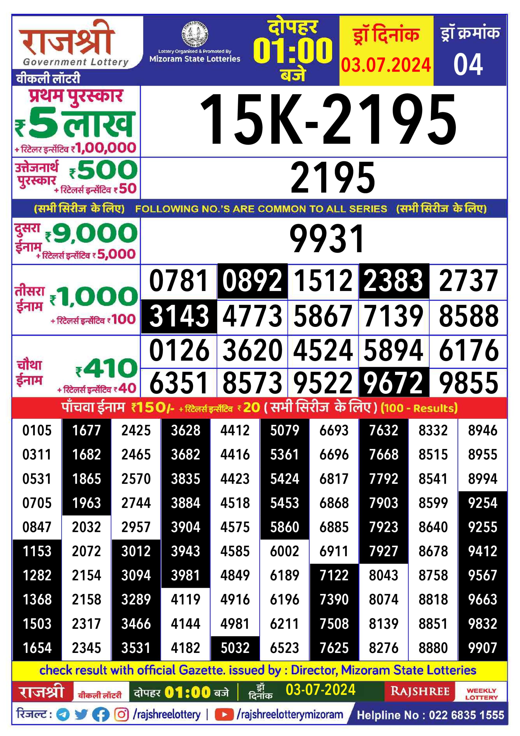 Rajshree  Daily Lottery 1PM Result 3 july 24