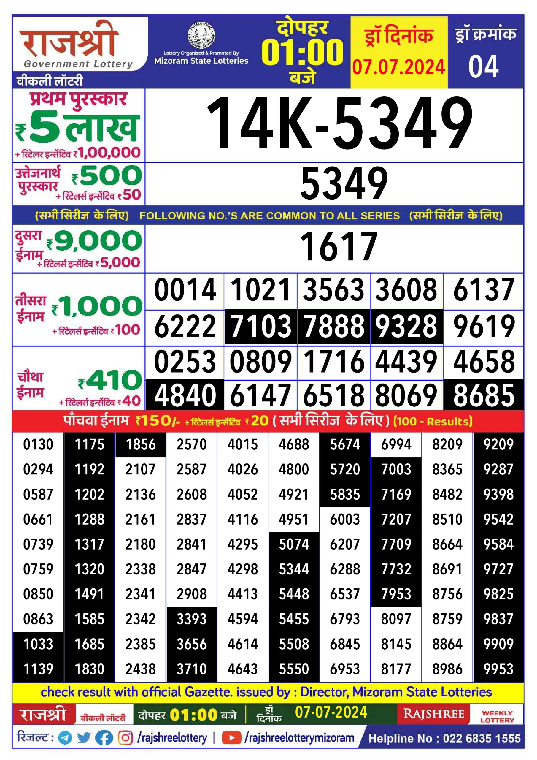 Rajshree  Daily Lottery 1PM Result 7july 24