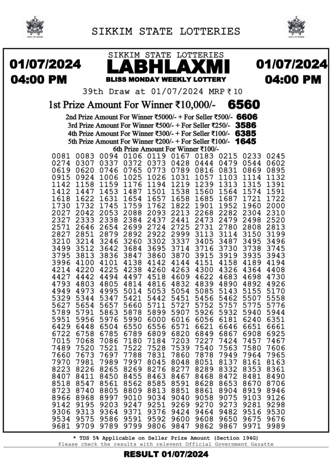 Labh laxmi 4pm lottery result 1 july 2024